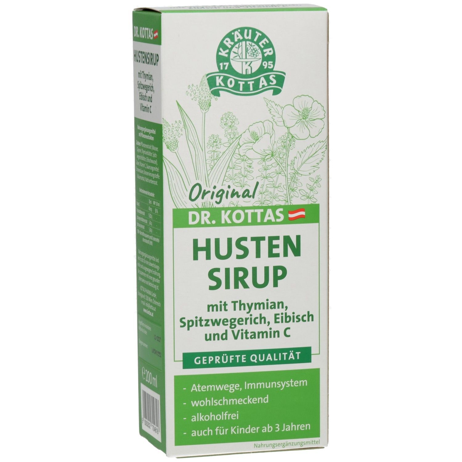 Vorderseite der Hustensirup-Verpackung. Aufschrift: DR. KOTTAS HUSTENSIRUP. Enthält Thymian, Spitzwegerich, Eibisch und Vitamin C. Grüne und weiße Verpackung.