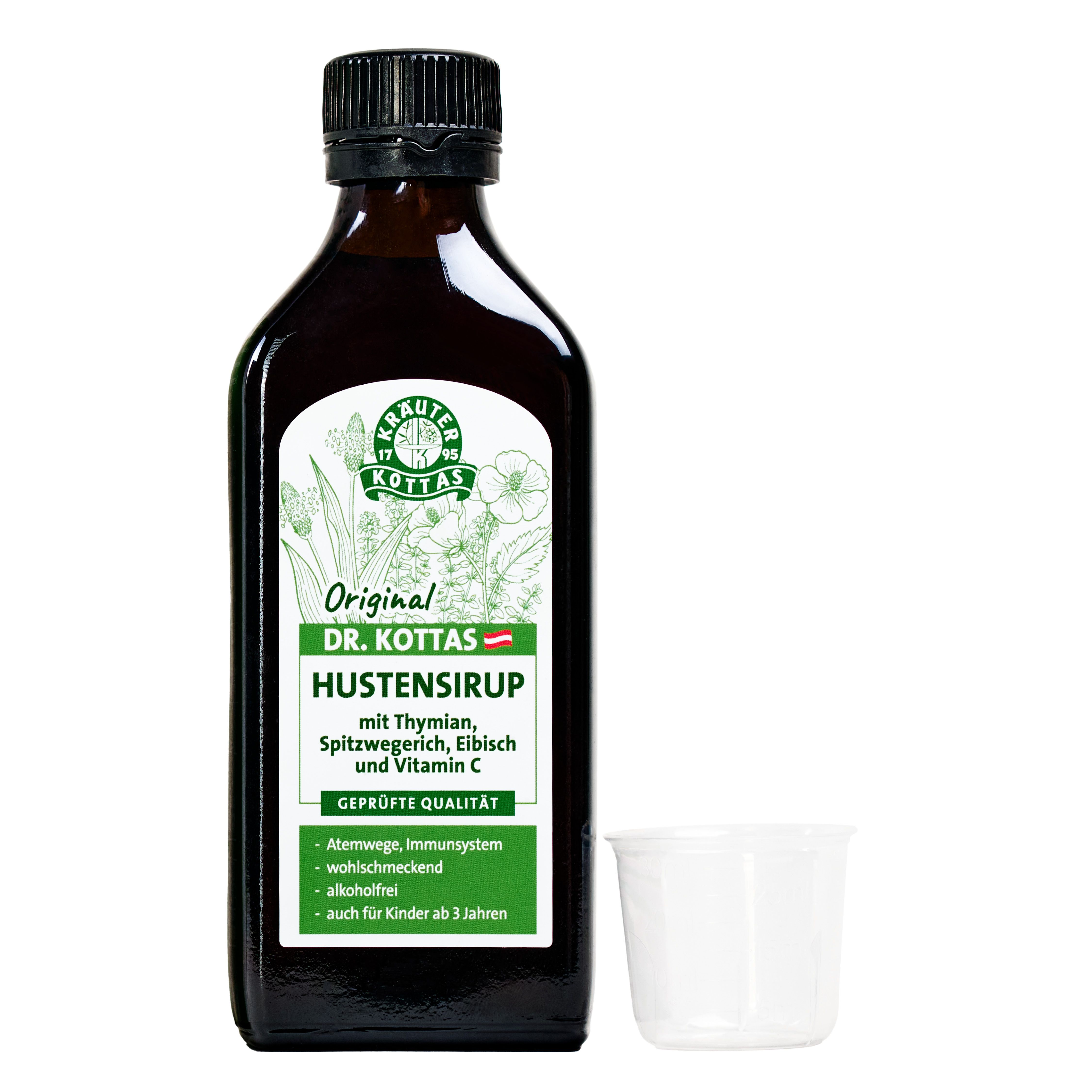 Dr. Kottas Hustensirup Original in dunkler Glasflasche mit Messbecher. Enthält Thymian, Spitzwegerich, Eibisch, Vitamin C.