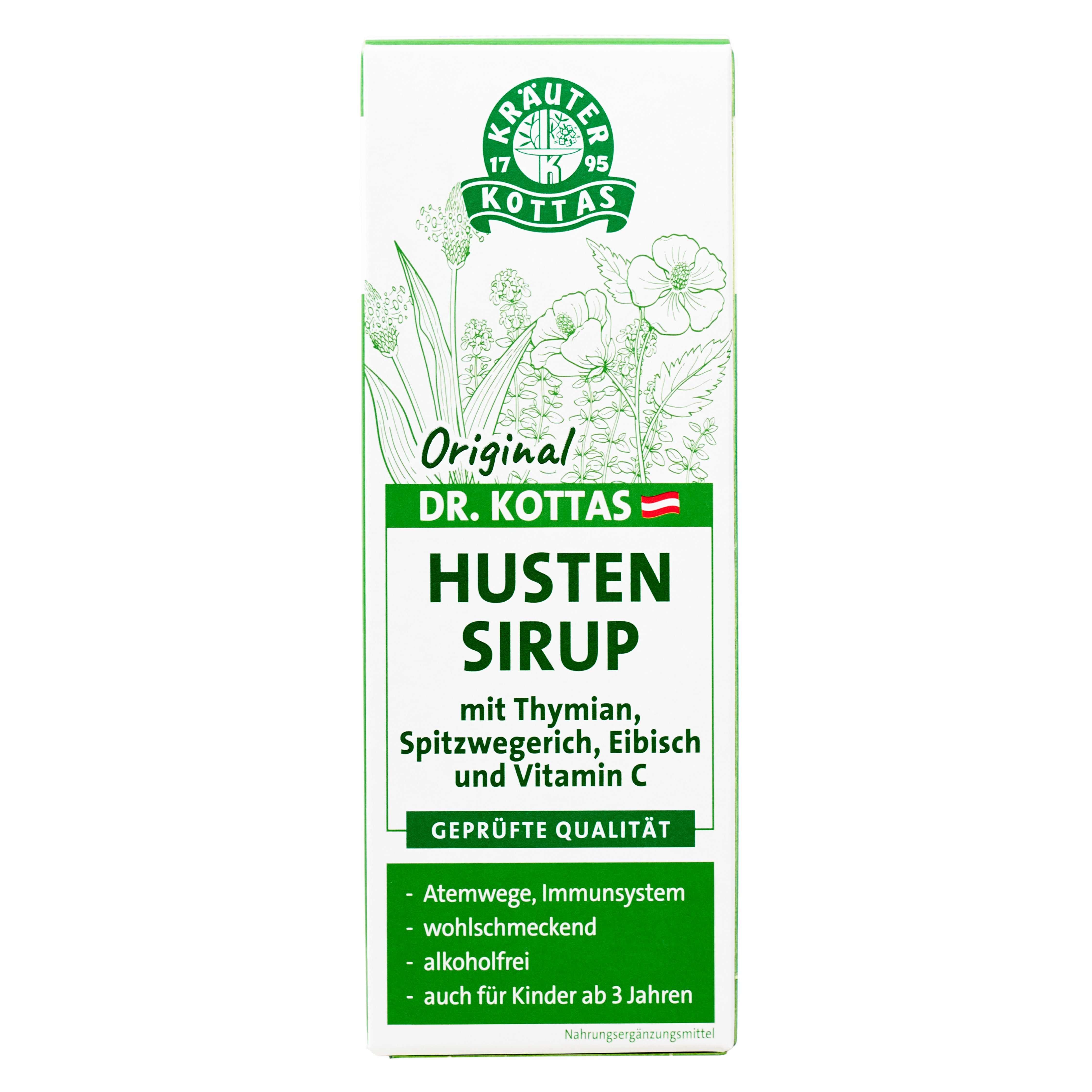 Dr. Kottas Hustensirup Packung mit Kräuterabbildungen und Produktinformationen.