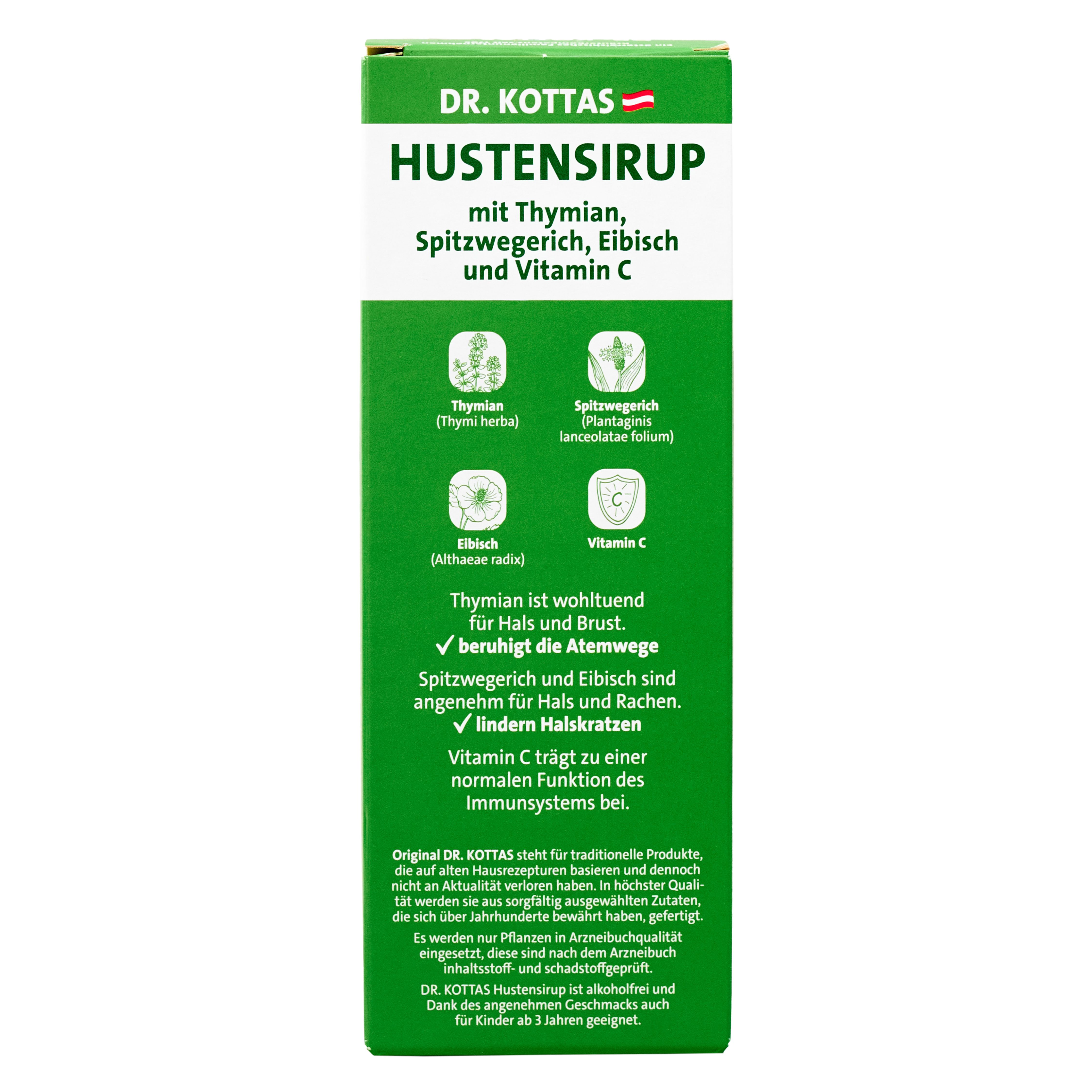 Dr. Kottas Hustensirup mit Thymian, Spitzwegerich, Eibisch und Vitamin C. Grüne Verpackung mit Produktinformationen und Kräutersymbolen.