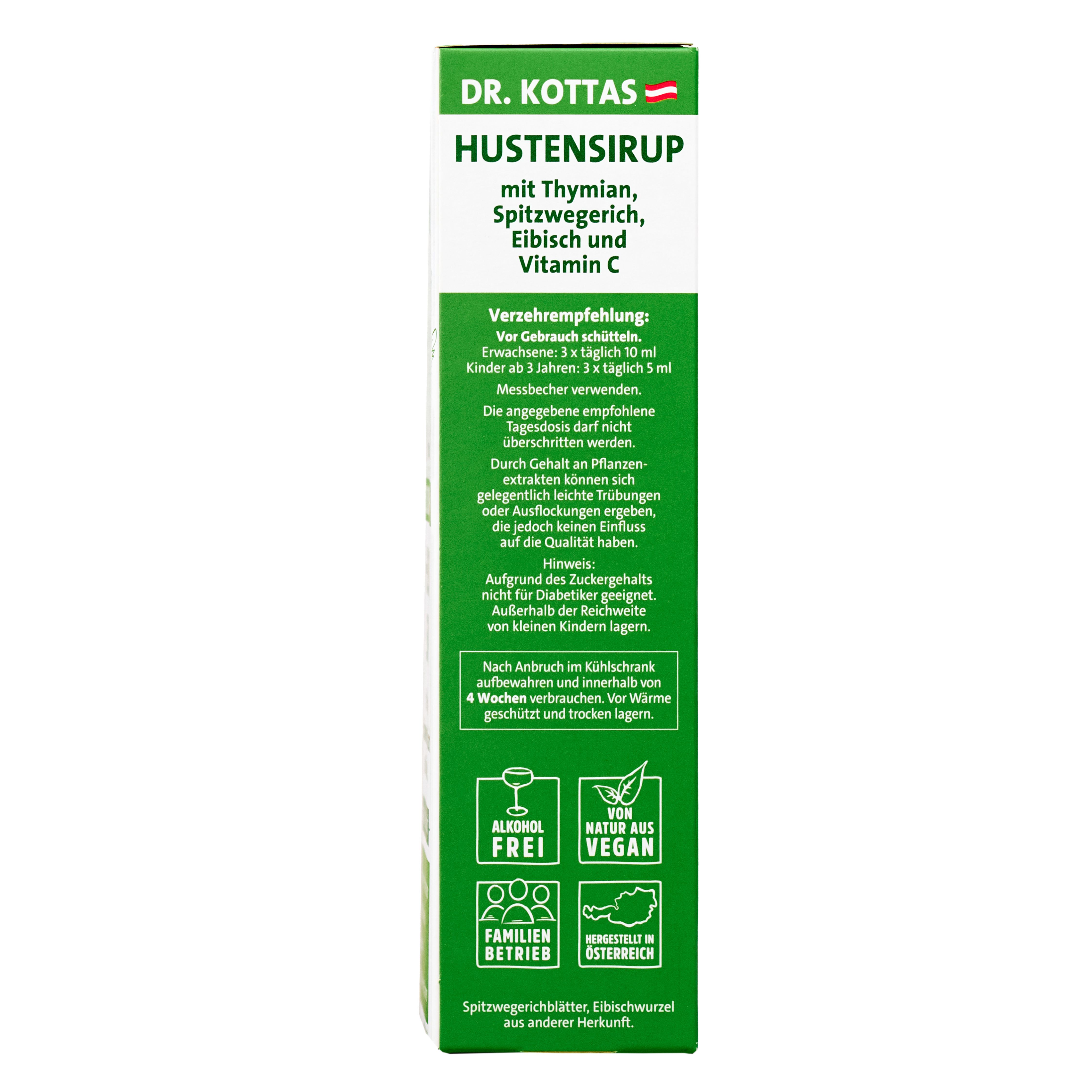 Grüner Karton mit Hustensirup von Dr. Kottas, 200 ml. Enthält Thymian, Spitzwegerich, Holunder und Vitamin C.