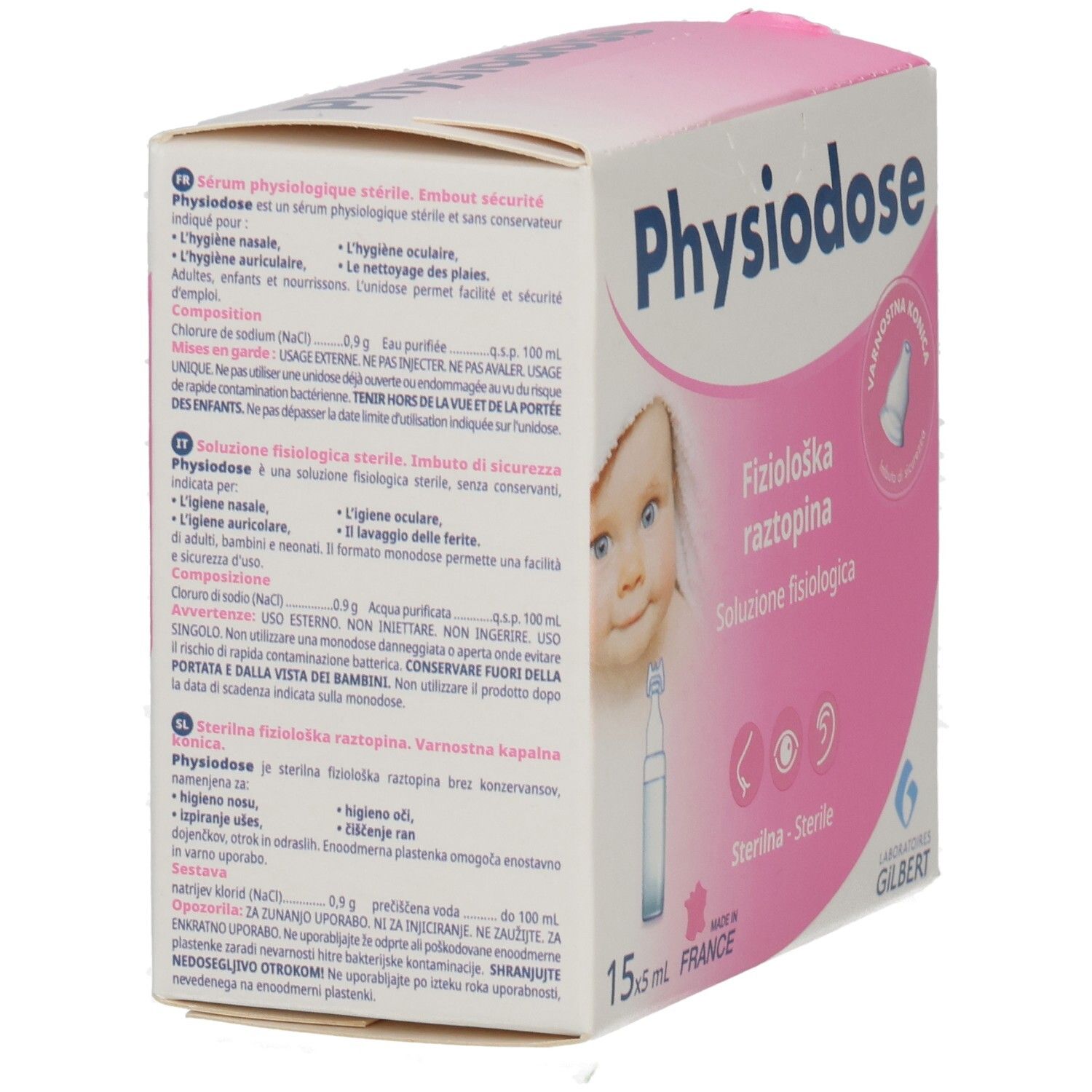 Produktverpackung, rosa-weiß. Enthält Text in mehreren Sprachen, Produktname und Baby-Illustration. Ampullen-Abbildung.