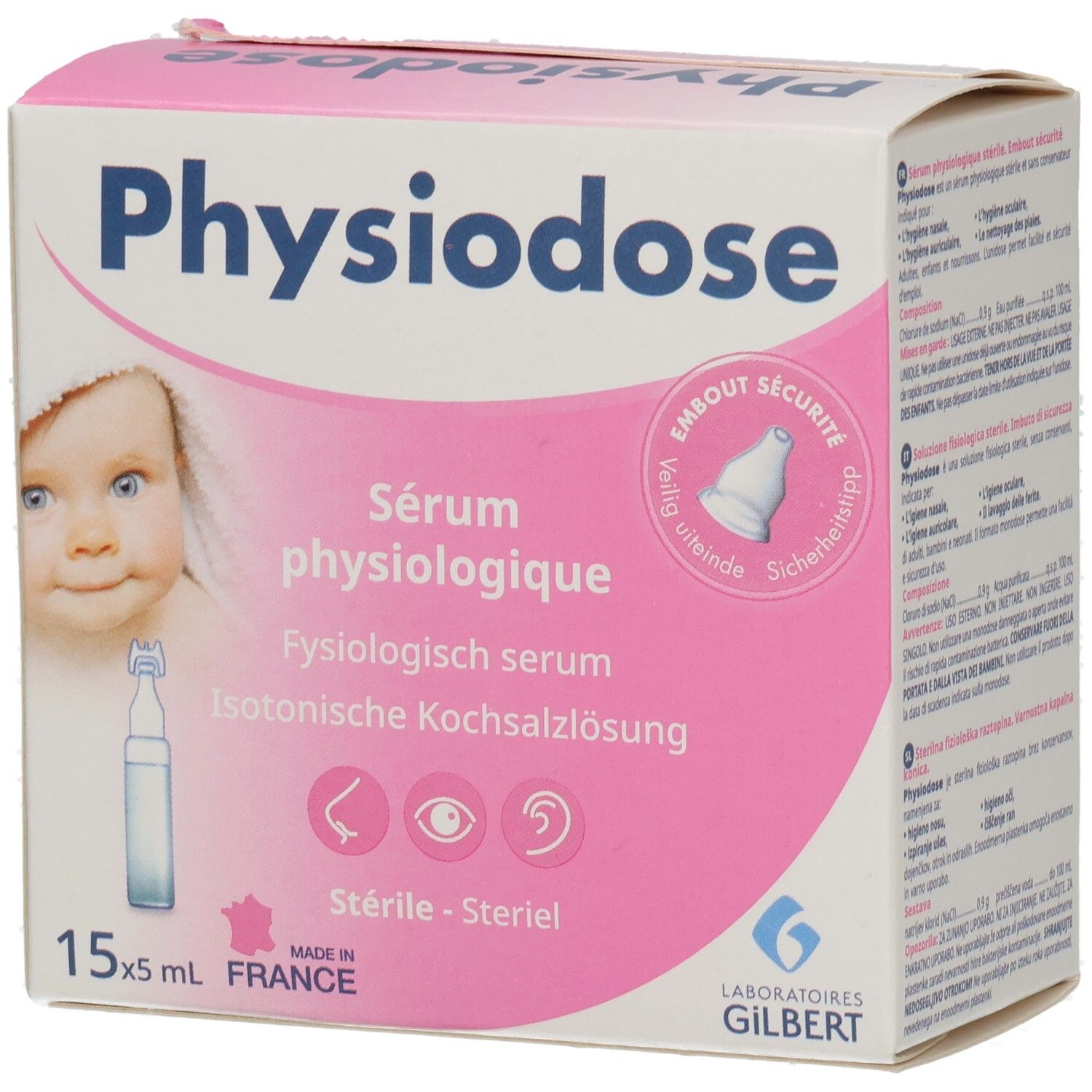 Rosa-weiße Schachtel mit Produktnamen und Baby-Illustration. Enthält Ampullen-Abbildung und Logos. Text in mehreren Sprachen.
