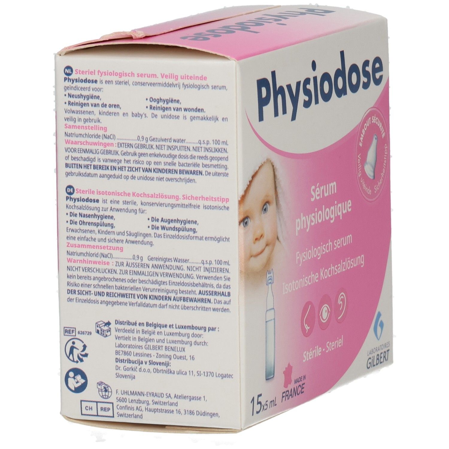Produktverpackung, rosa-weiß. Enthält Text in mehreren Sprachen, Produktname und Baby-Illustration. Ampullen-Abbildung.