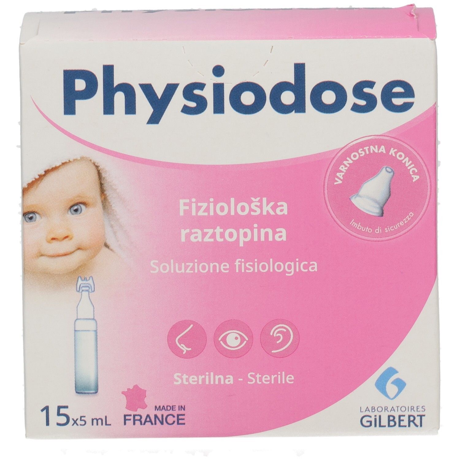 Rosa-weiße Schachtel mit Produktnamen und Baby-Illustration. Enthält Ampullen-Abbildung und Logos. Text in mehreren Sprachen.