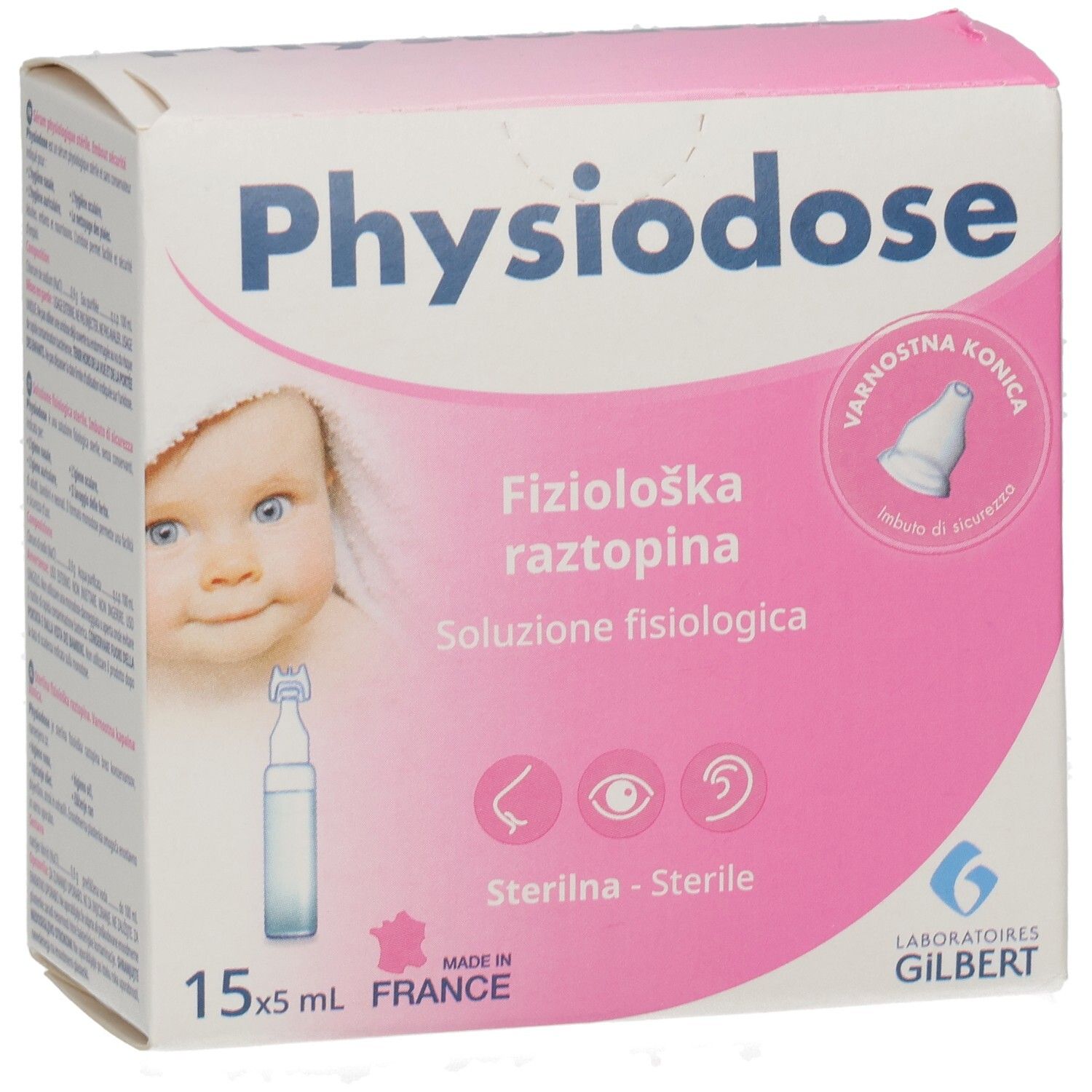 Rosa-weiße Schachtel mit Produktnamen und Baby-Illustration. Enthält Ampullen-Abbildung und Logos. Text in mehreren Sprachen.
