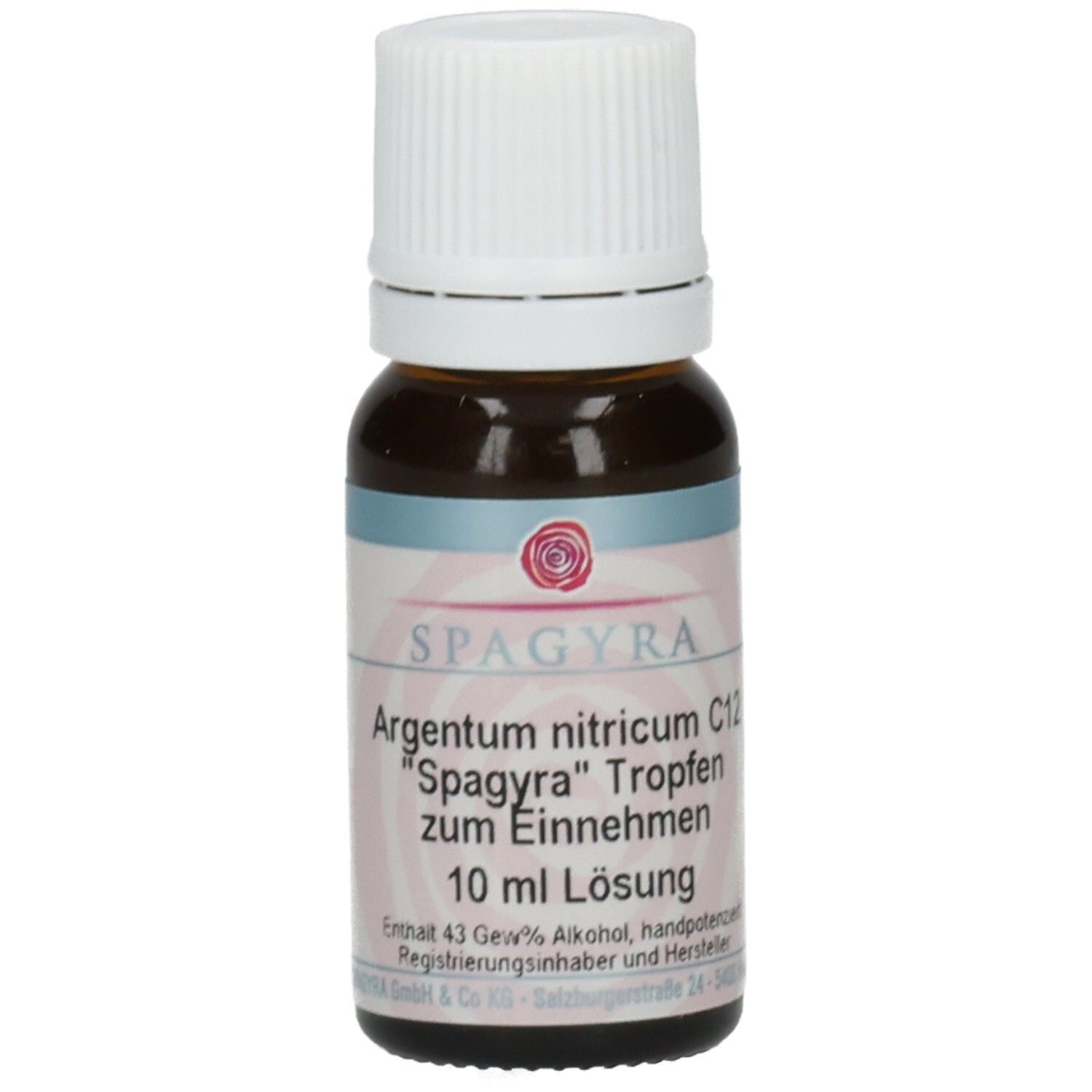 Braune Glasflasche mit weißem Schraubverschluss. Etikett mit Produktinformationen: Argentum nitricum C12, Spagyra Tropfen.