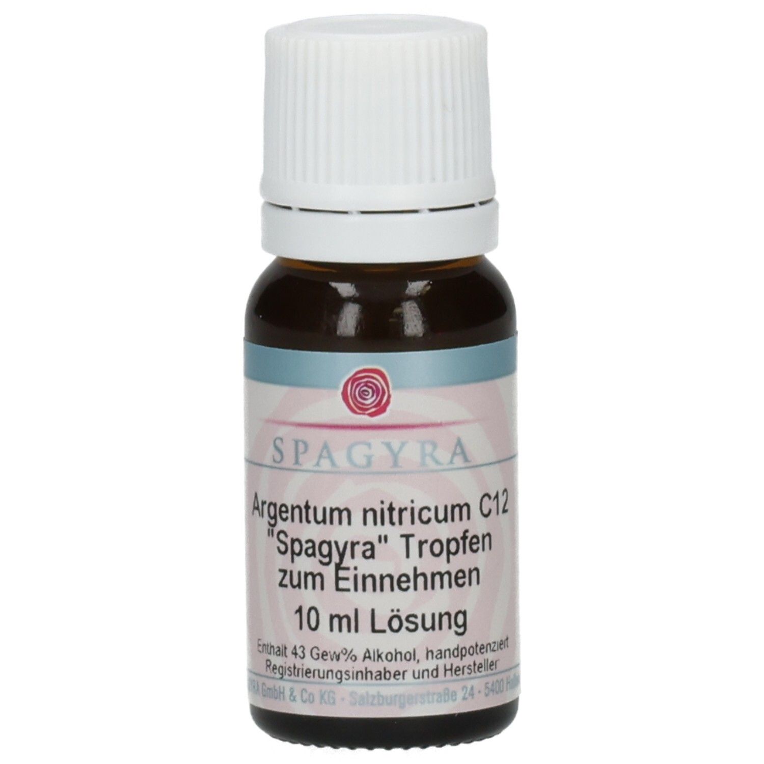 Braune Glasflasche mit weißem Schraubverschluss. Etikett mit Produktinformationen: Argentum nitricum C12, Spagyra Tropfen.