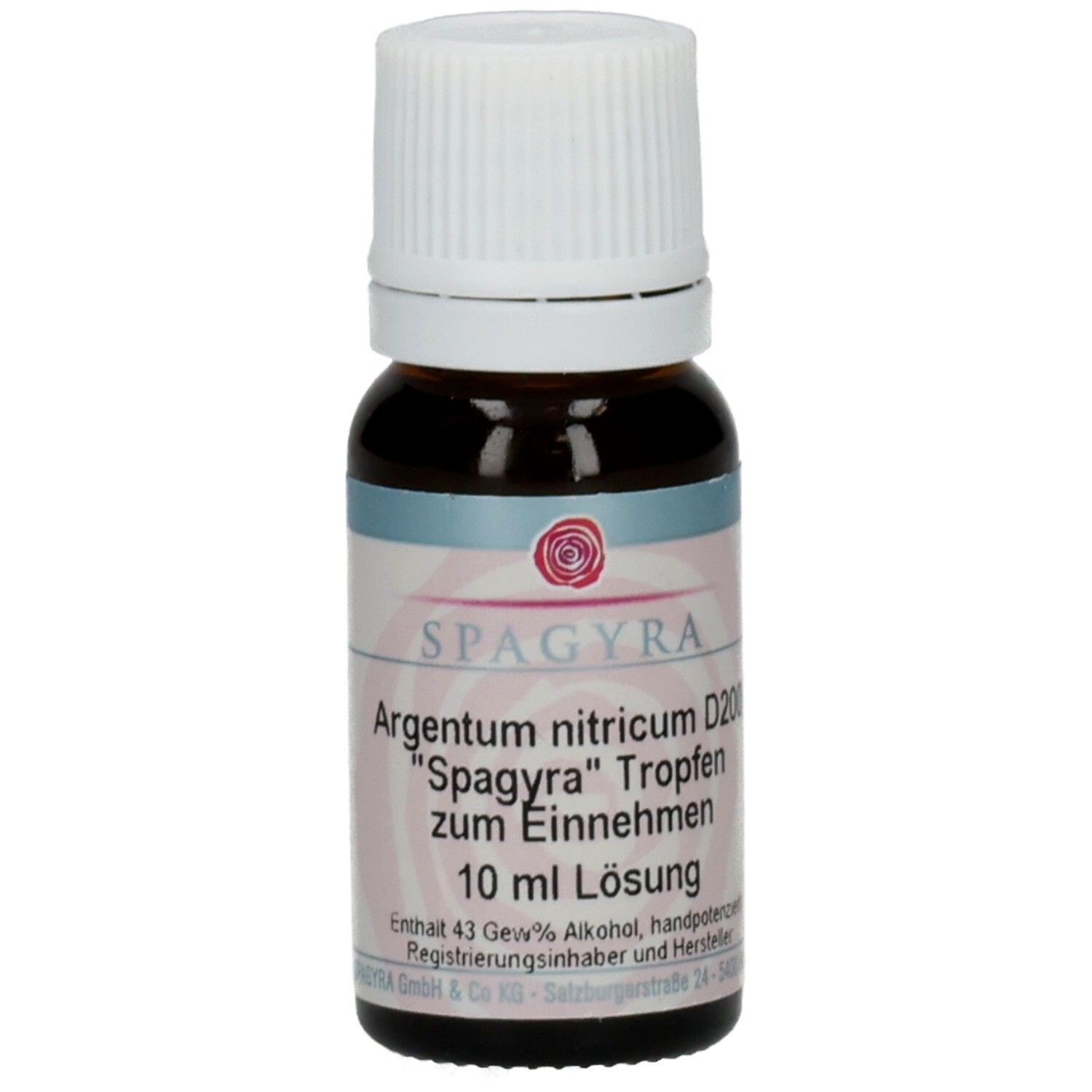 Braune Glasflasche mit weißem Deckel. Etikett mit Produktnamen: Argentum nitricum D200, Spagyra Tropfen. 10 ml Lösung.