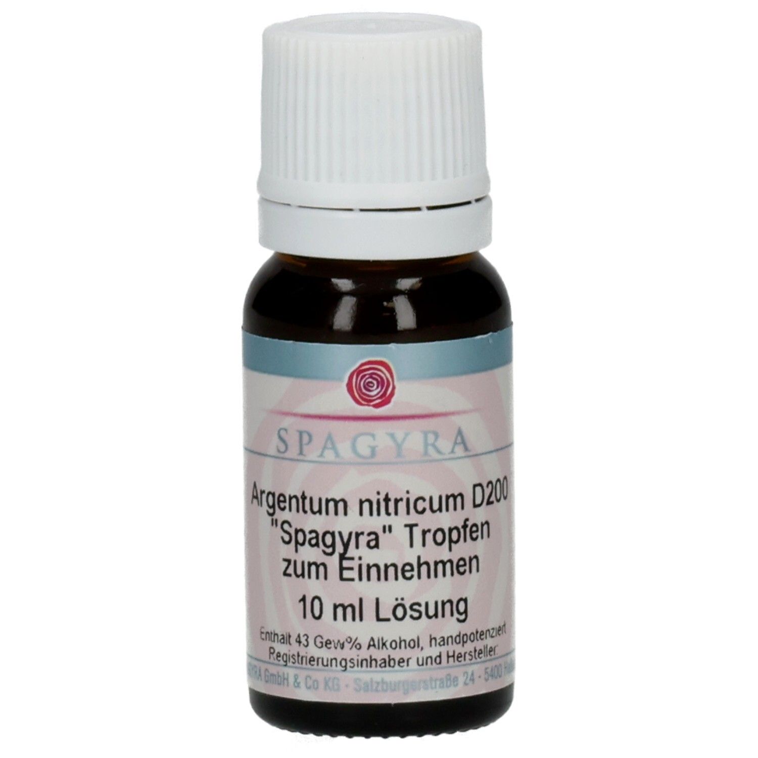 Braune Glasflasche mit weißem Deckel. Etikett mit Produktnamen: Argentum nitricum D200, Spagyra Tropfen. 10 ml Lösung.