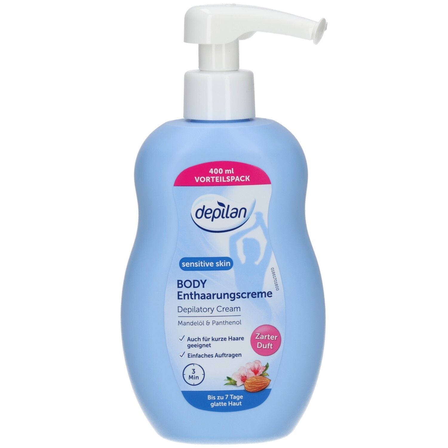 Blaue Flasche mit Dosierpumpe. Aufschrift: DEPILAN ENTHAARCR SENS BODY. Enthält Mandelöl & Panthenol. 400 ml.