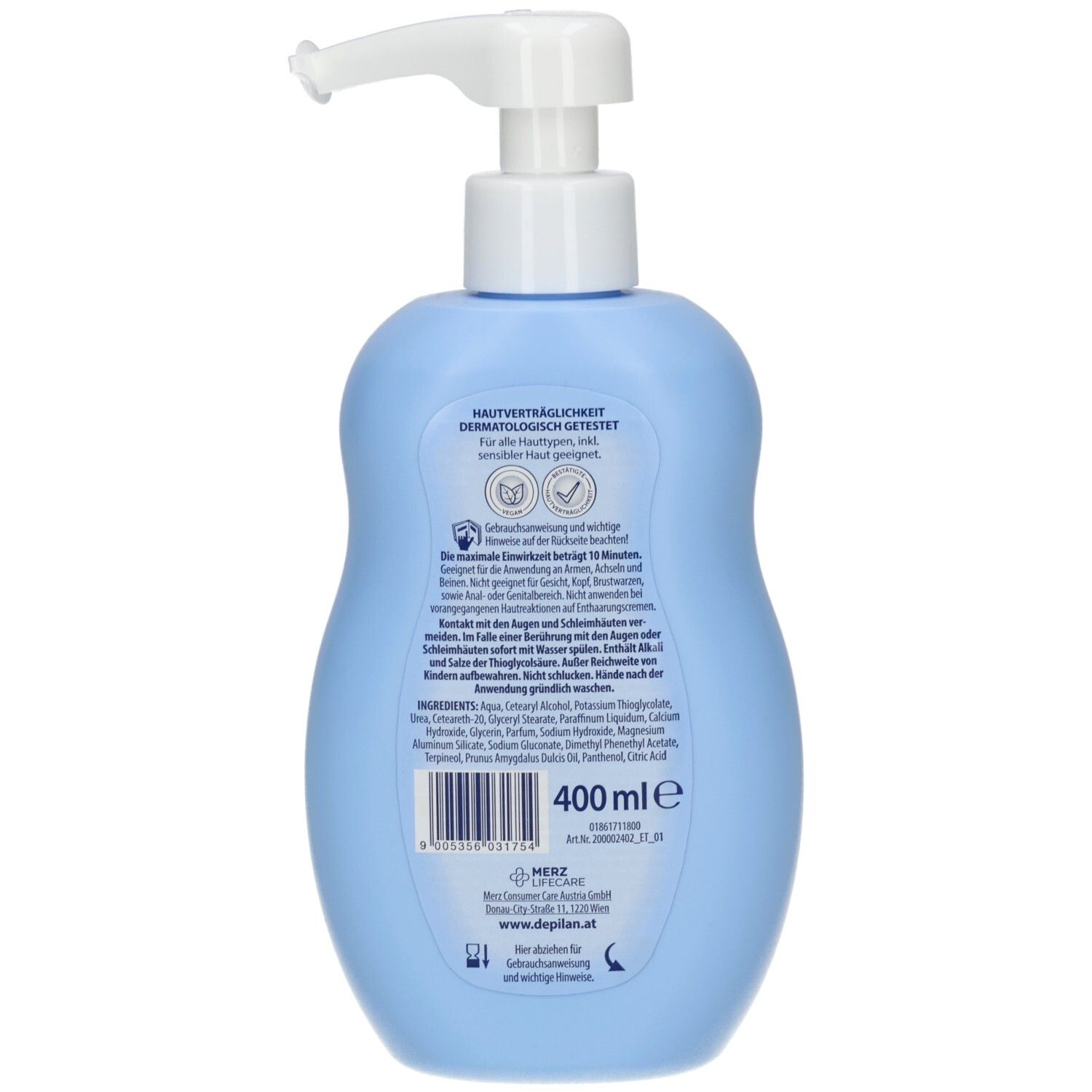 Rückseite einer blauen Flasche mit Dosierpumpe. Text: Hautverträglichkeit dermatologisch getestet. 400 ml.