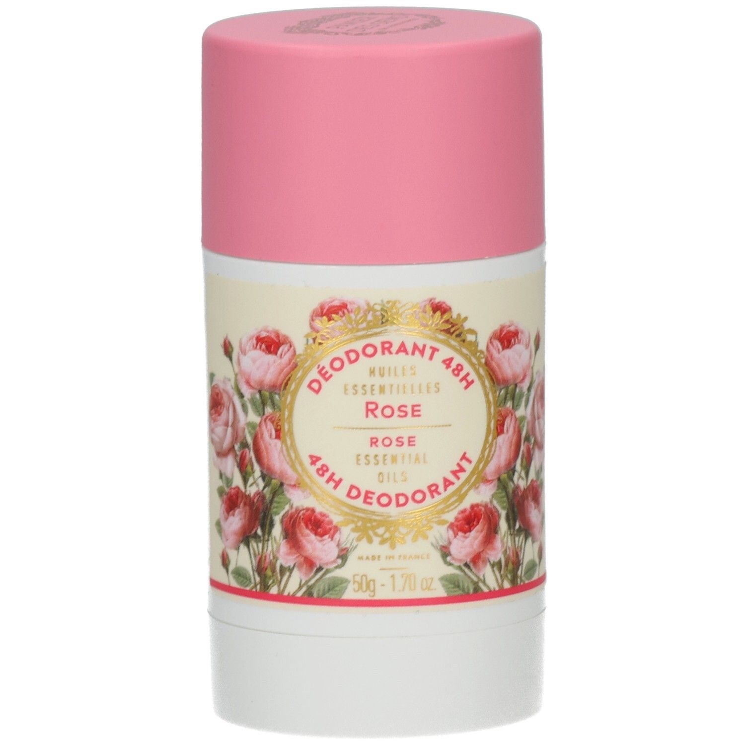 Deodorant-Stick mit rosa Deckel. Aufschrift: Rose, 48H. Blumendekor. Weißer Behälter mit rosa Deckel.