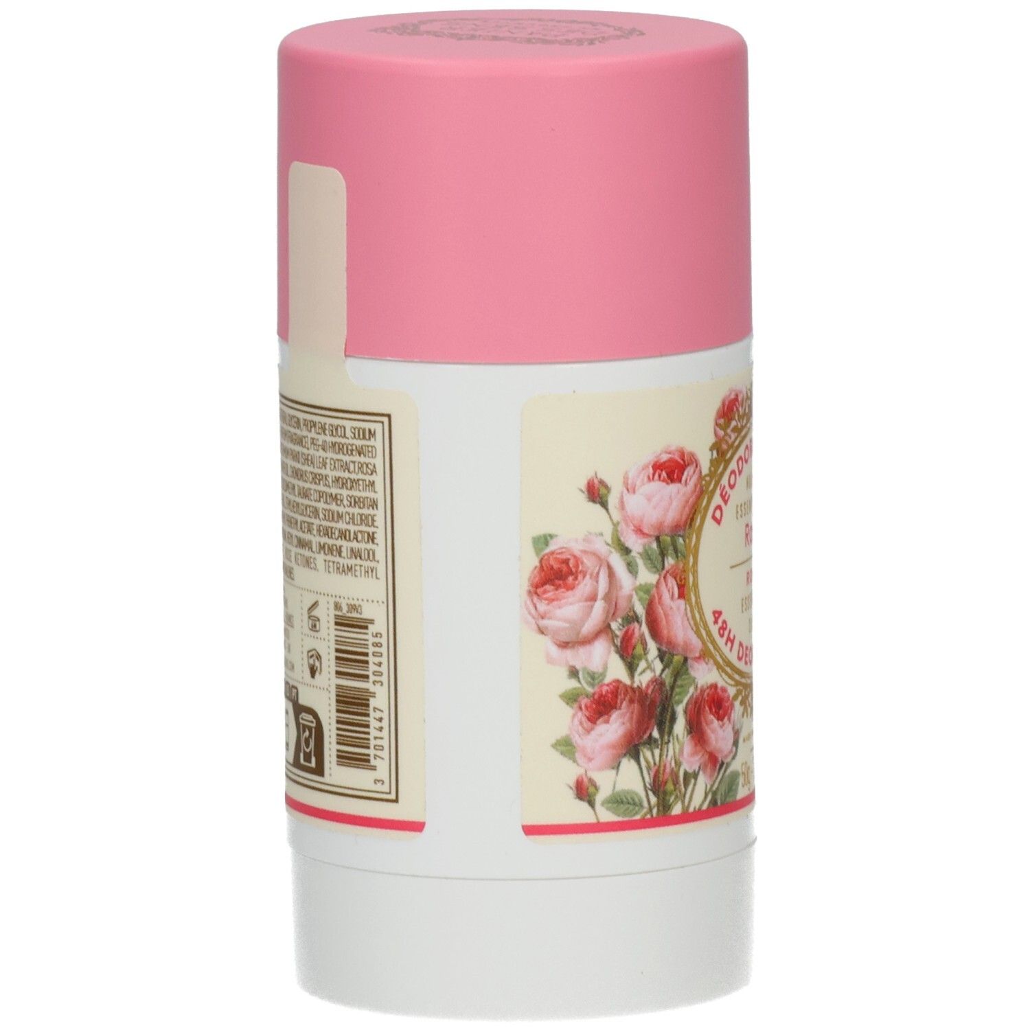 Deodorant-Stick, Rückseite. Etikett mit Inhaltsstoffen und Barcode. Rosa Deckel. Weißer Behälter.