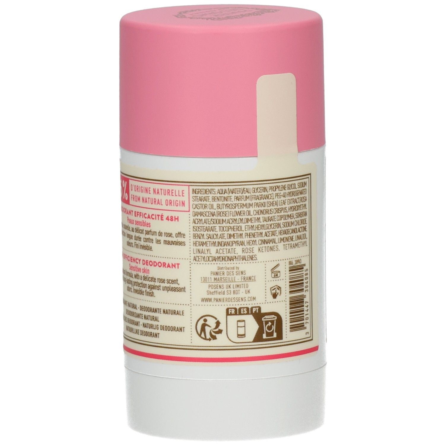 Deodorant-Stick, Rückseite. Etikett mit Inhaltsstoffen und Informationen. Rosa Deckel. Weißer Behälter.