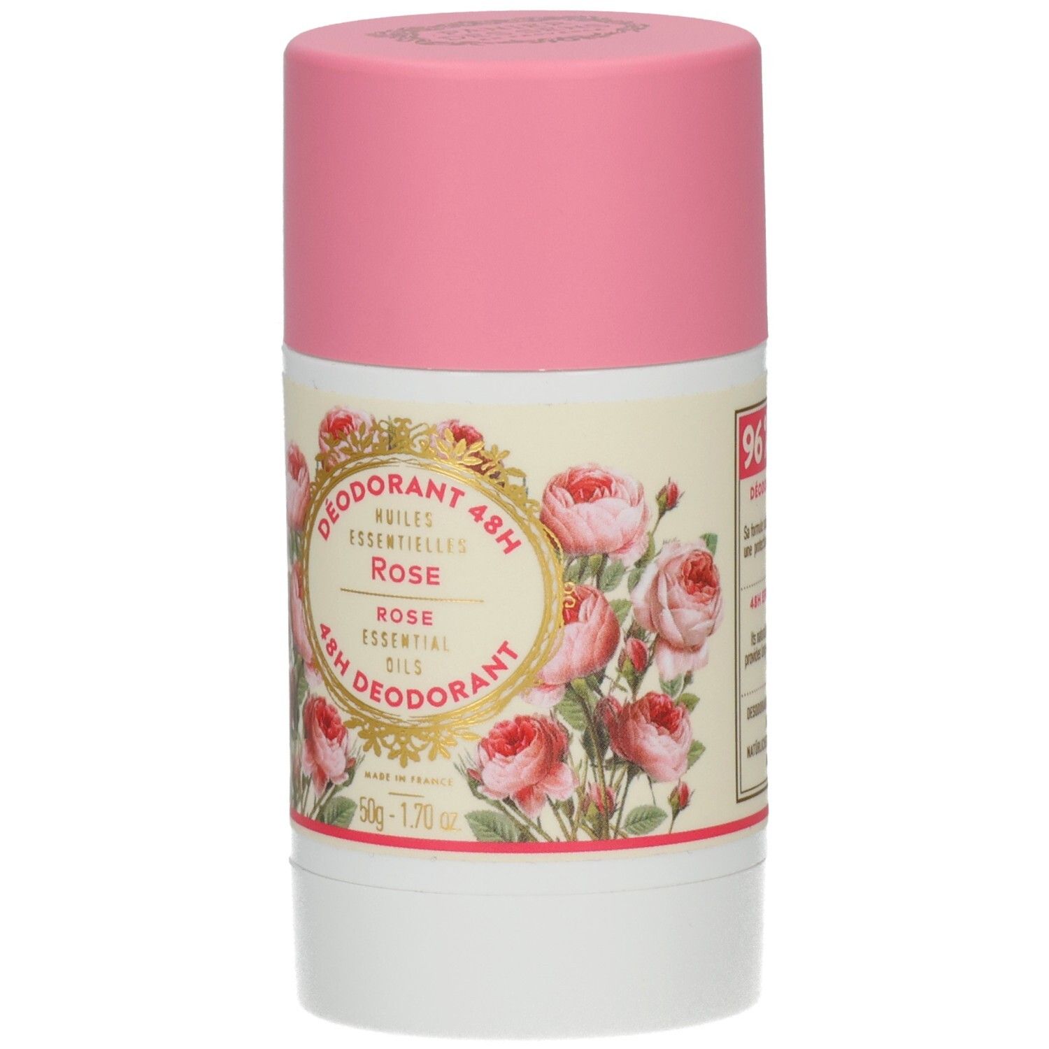 Deodorant-Stick mit rosa Deckel. Aufschrift: Rose, 48H. Blumendekor. Weißer Behälter mit rosa Deckel.