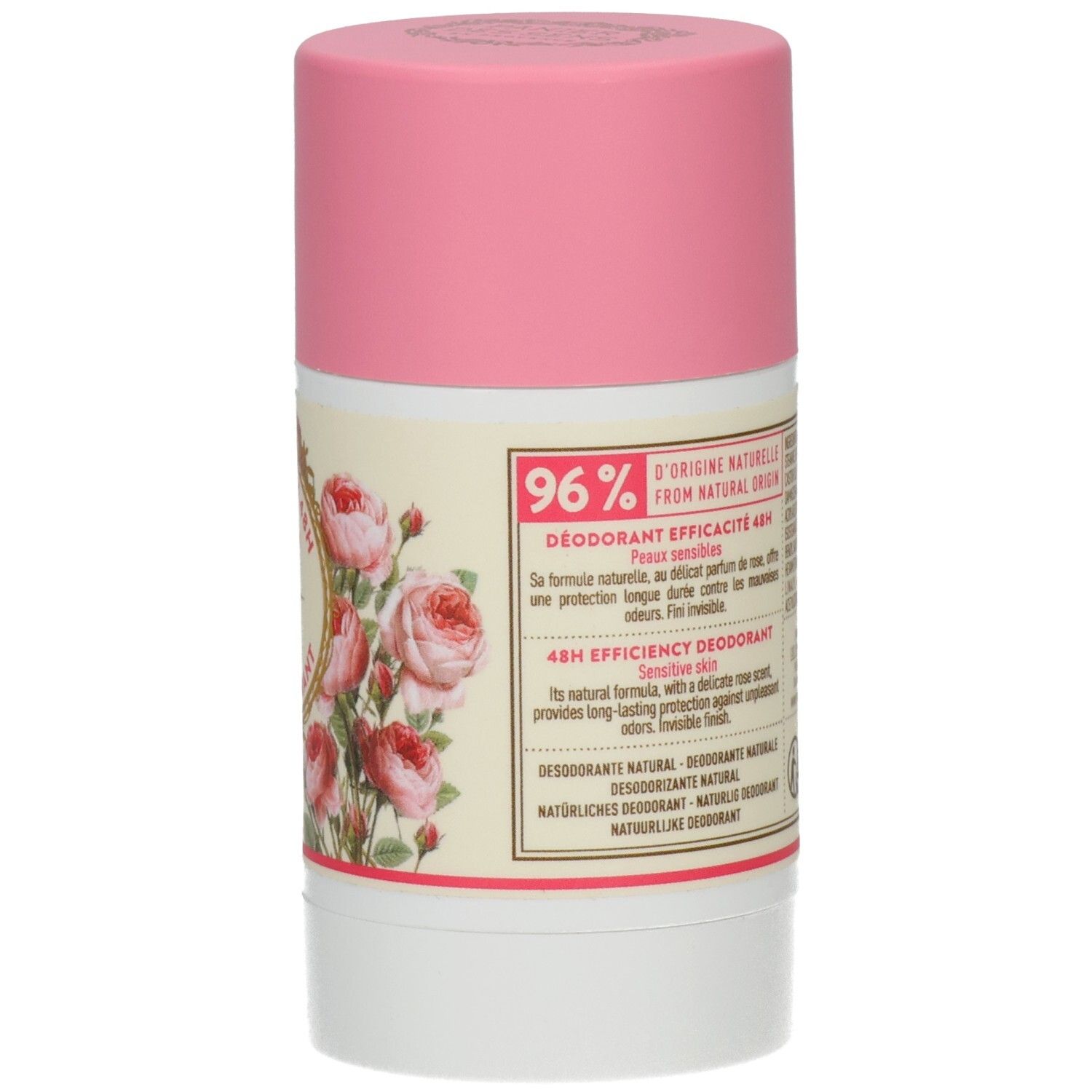 Deodorant-Stick, Rückseite. Etikett mit Informationen. Rosa Deckel. Weißer Behälter. 96% natürliche Herkunft.