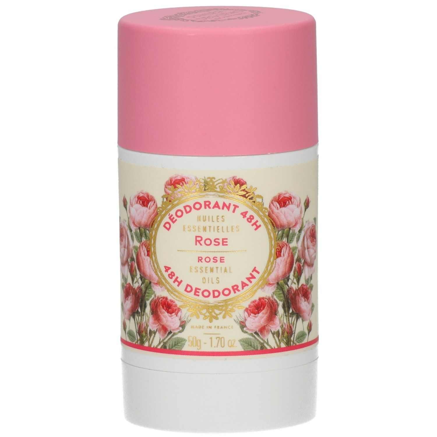 Deodorant-Stick mit rosa Deckel. Aufschrift: Rose, 48H. Blumendekor. Weißer Behälter mit rosa Deckel.