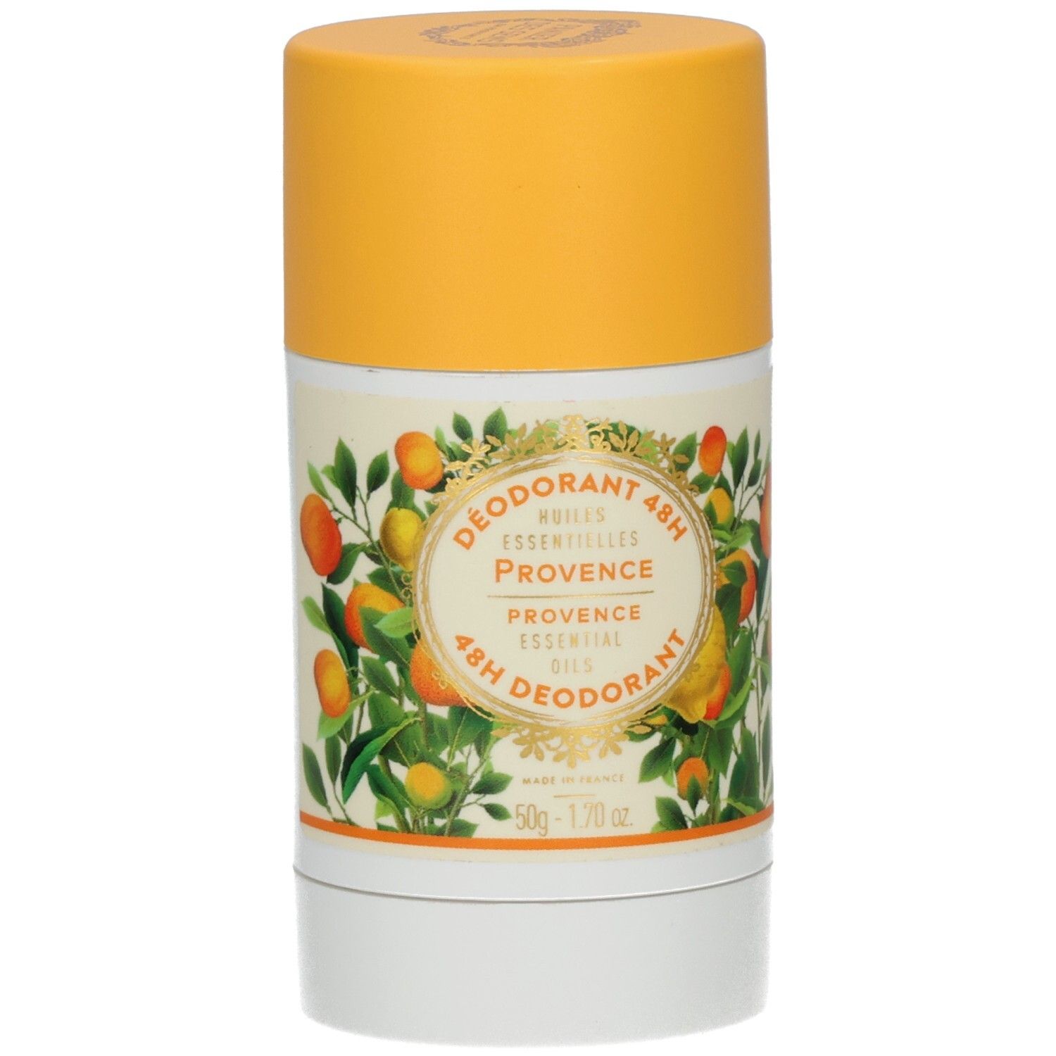 Deodorant Provence, zylindrische Form, gelber Deckel, weiße Basis. Etikett mit Orangen-Illustration und Schriftzug.