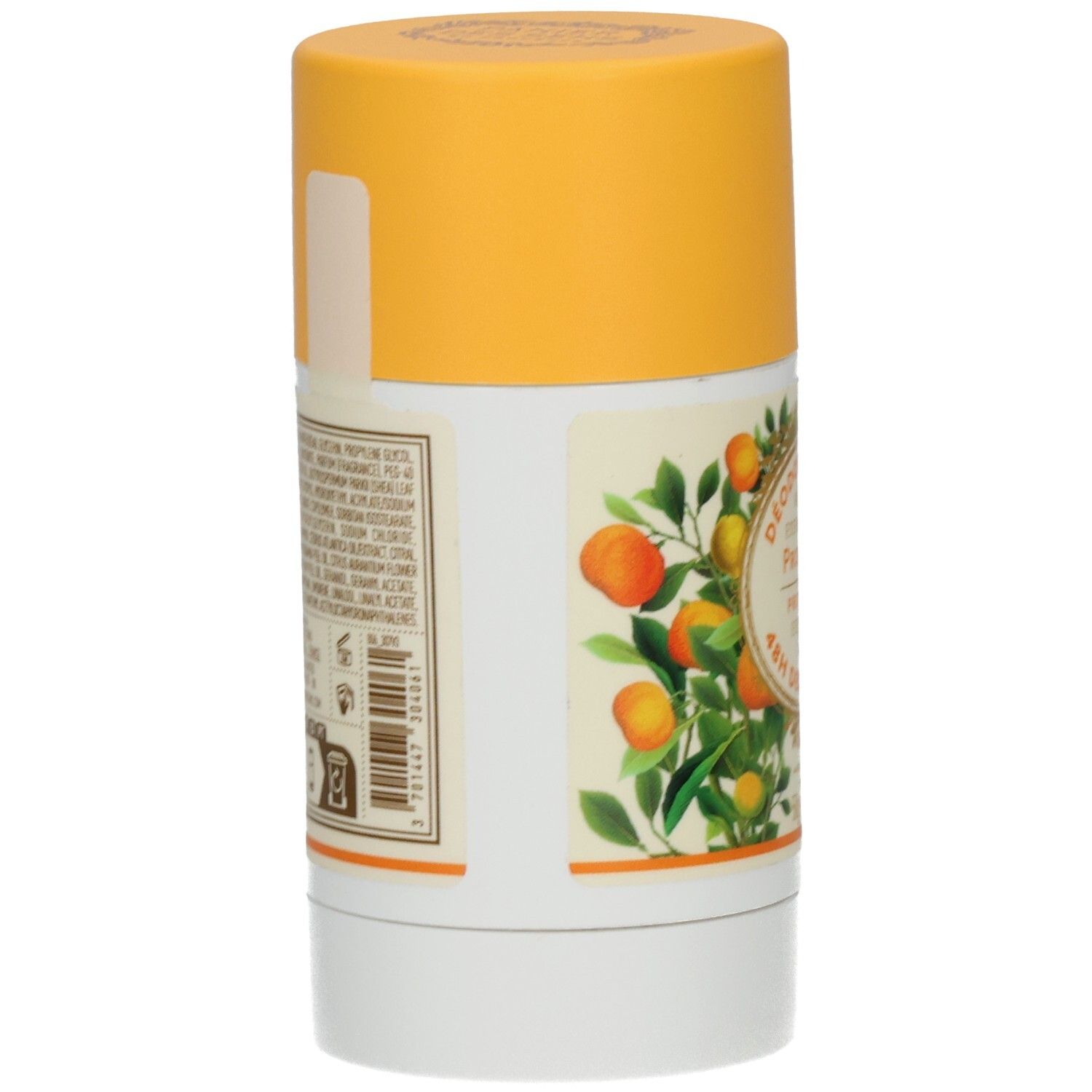 Deodorant Provence, Seitenansicht. Gelber Deckel, weißer Behälter. Etikett mit Inhaltsstoffen und Barcode.