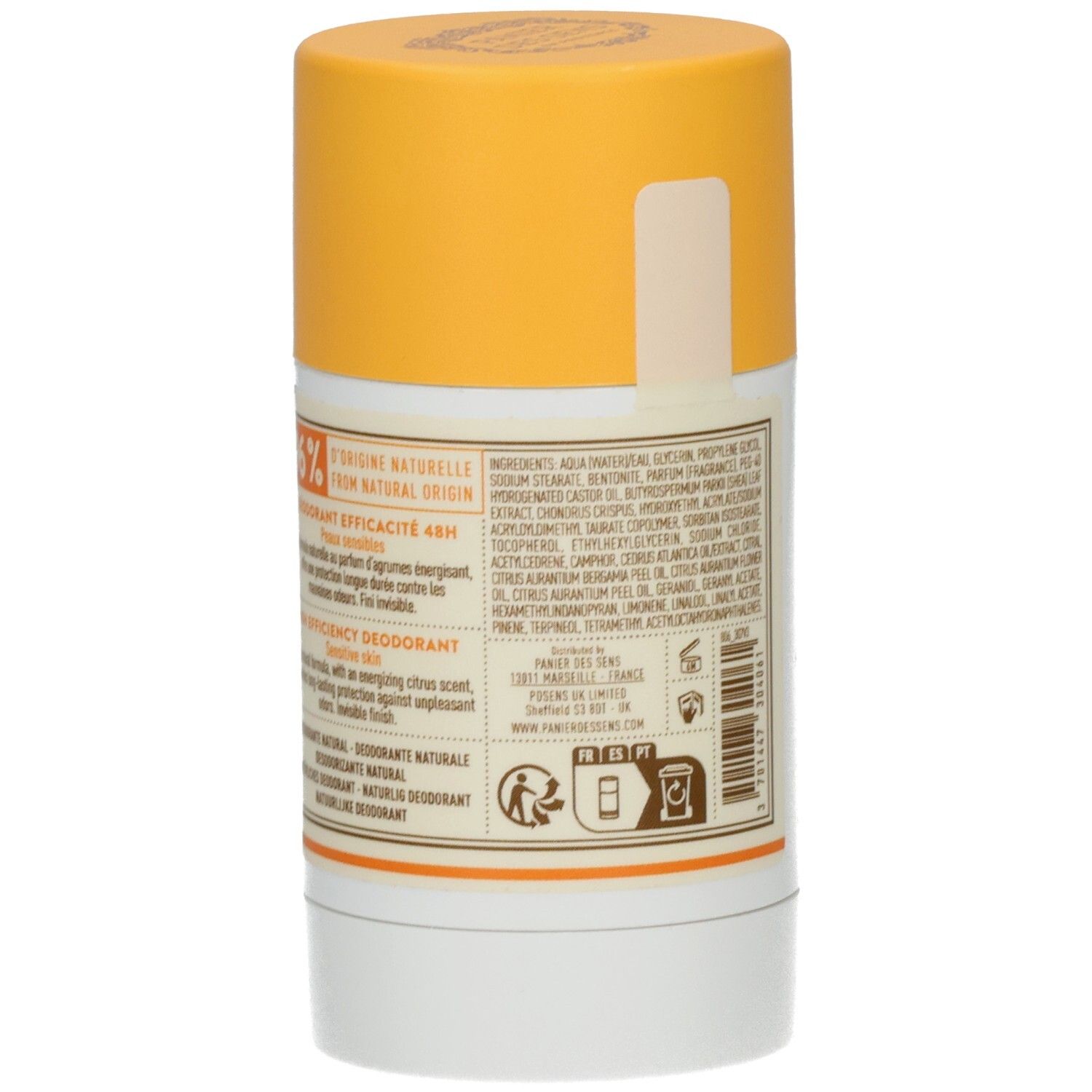 Deodorant Provence, Seitenansicht. Gelber Deckel, weißer Behälter. Etikett mit Inhaltsstoffen, Text und Logos.
