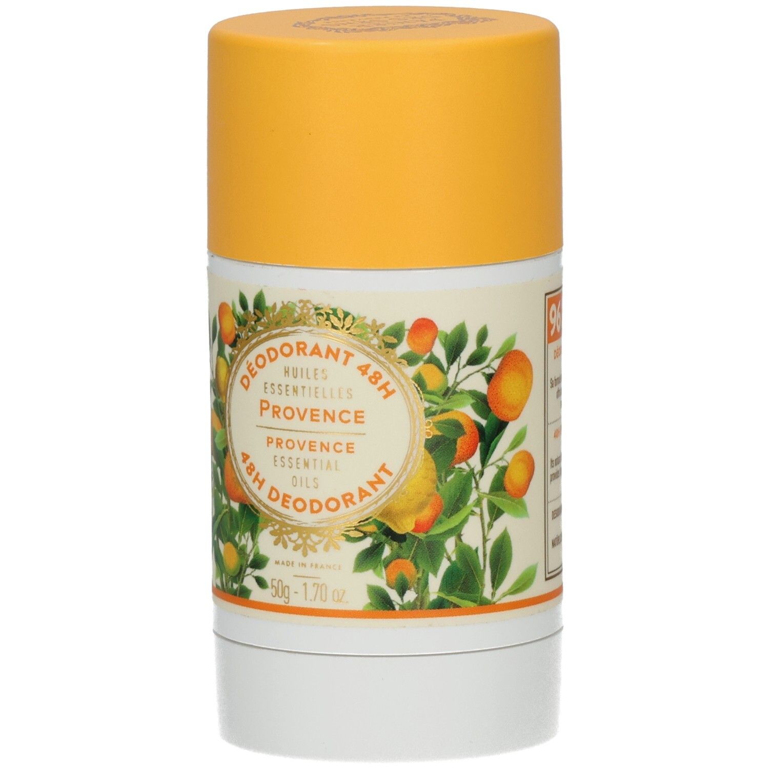 Deodorant Provence, zylindrische Form, gelber Deckel, weiße Basis. Etikett mit Orangen-Illustration und Schriftzug.
