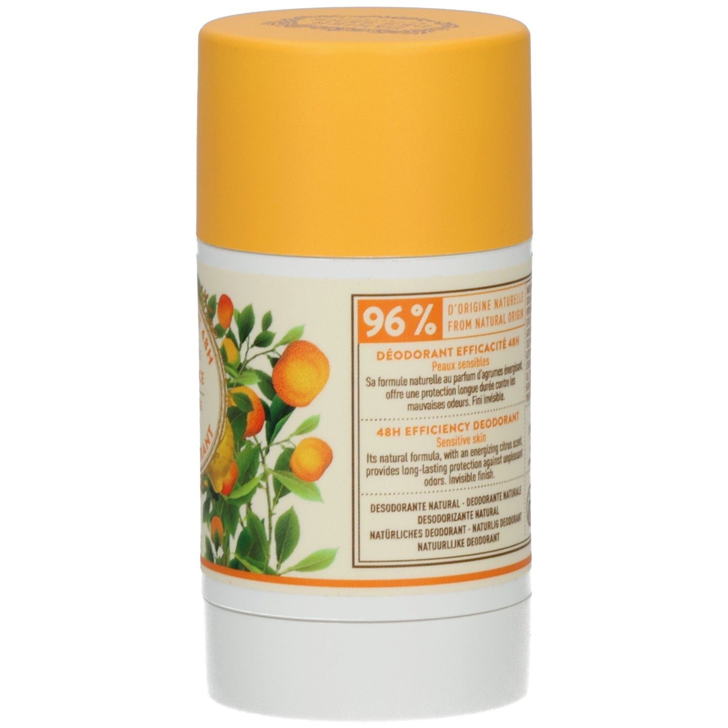 Deodorant Provence, Seitenansicht. Gelber Deckel, weißer Behälter. Etikett mit Text, Orangen-Illustration und Logos.