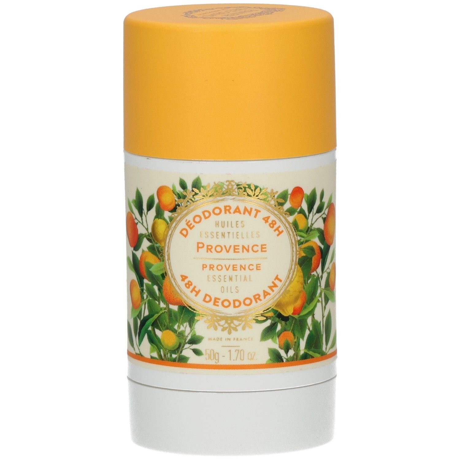 Deodorant Provence, zylindrische Form, gelber Deckel, weiße Basis. Etikett mit Orangen-Illustration und Schriftzug.