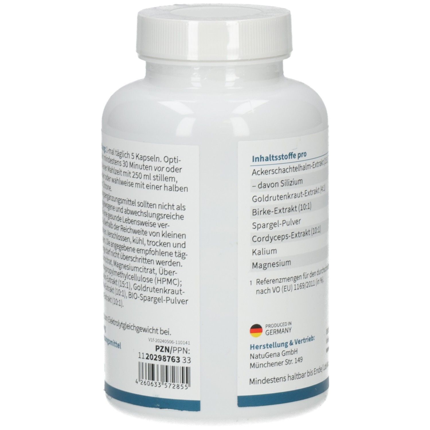Seitenansicht des NatuGena AquaBalance Behälters mit Anwendungshinweisen und PZN.