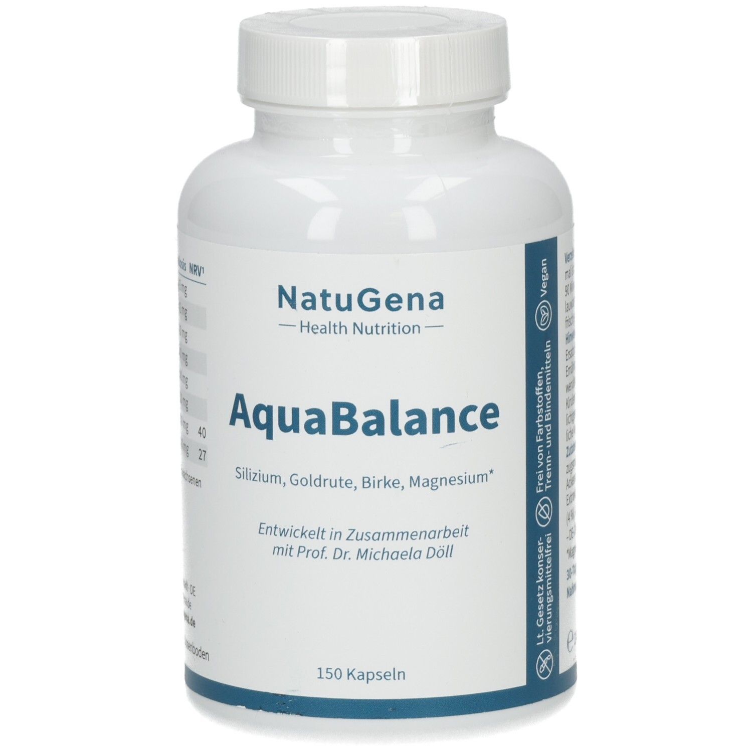 NatuGena AquaBalance Kapseln: Weißer Behälter mit blauem Etikett, 150 Kapseln, vegan.