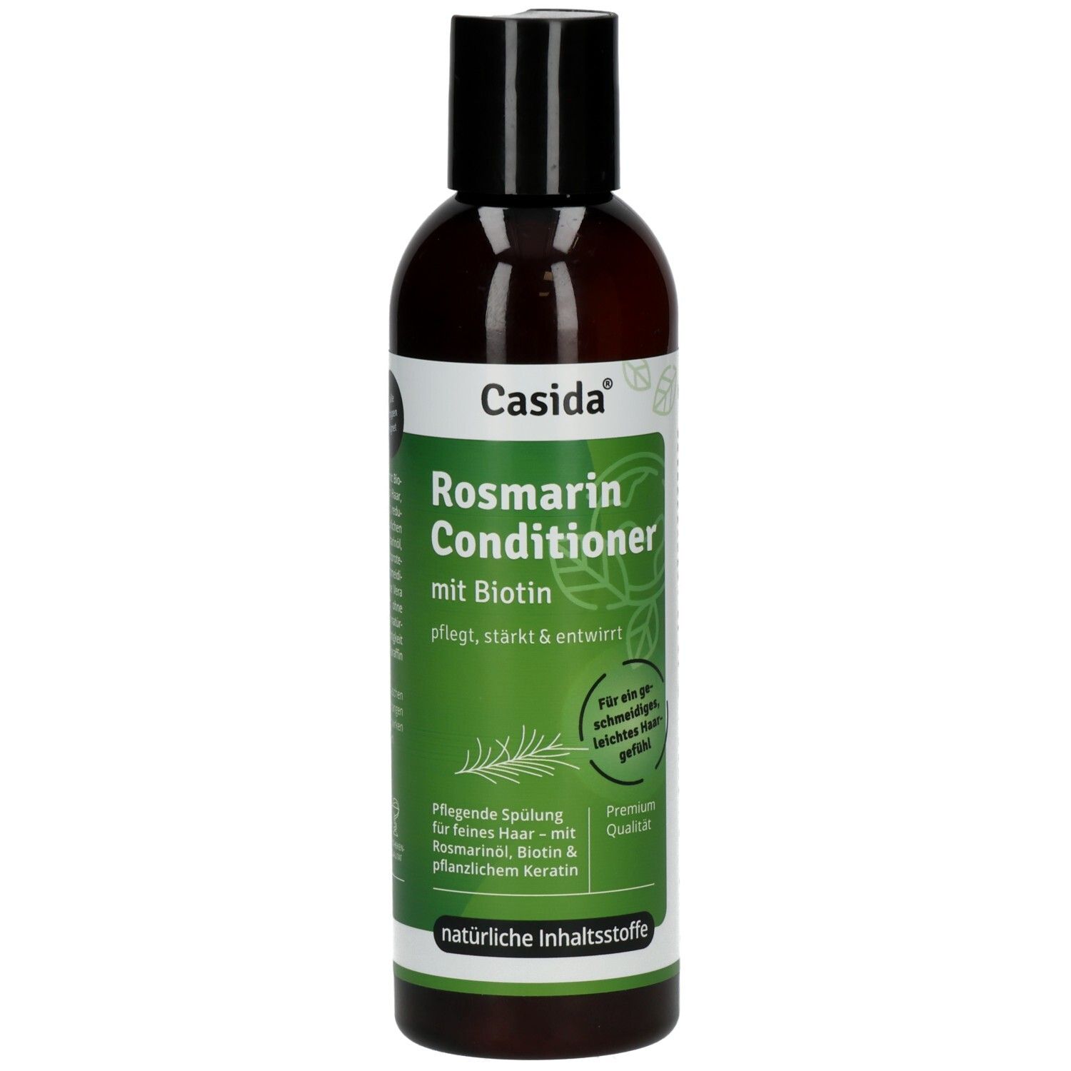 Braune Flasche mit schwarzem Deckel. Aufschrift: Casida Rosmarin Conditioner mit Biotin. Grüne Etiketten mit Text.