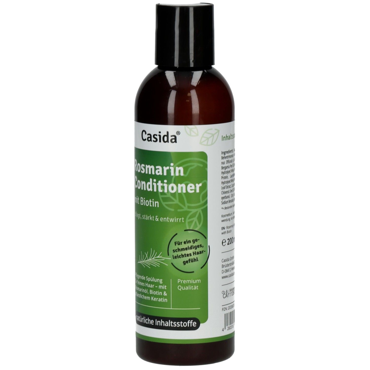 Braune Flasche mit schwarzem Deckel. Aufschrift: Casida Rosmarin Conditioner mit Biotin. Grüne Etiketten mit Text.