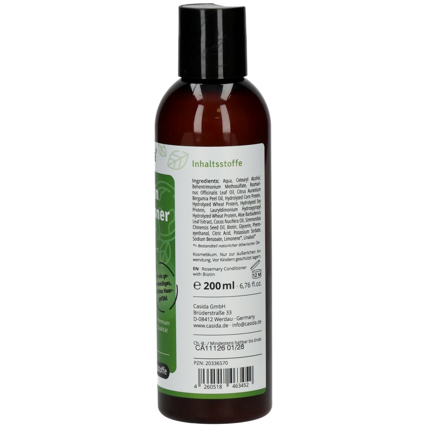 Braune Flasche mit schwarzem Deckel. Aufschrift: Casida Rosmarin Conditioner mit Biotin. Inhaltsstoffe und Logos.