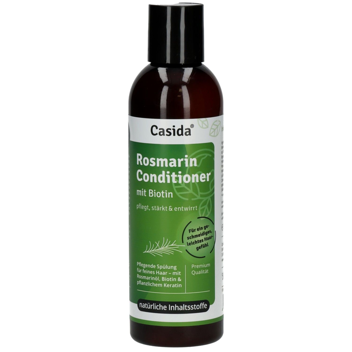 Braune Flasche mit schwarzem Deckel. Aufschrift: Casida Rosmarin Conditioner mit Biotin. Grüne Etiketten mit Text.