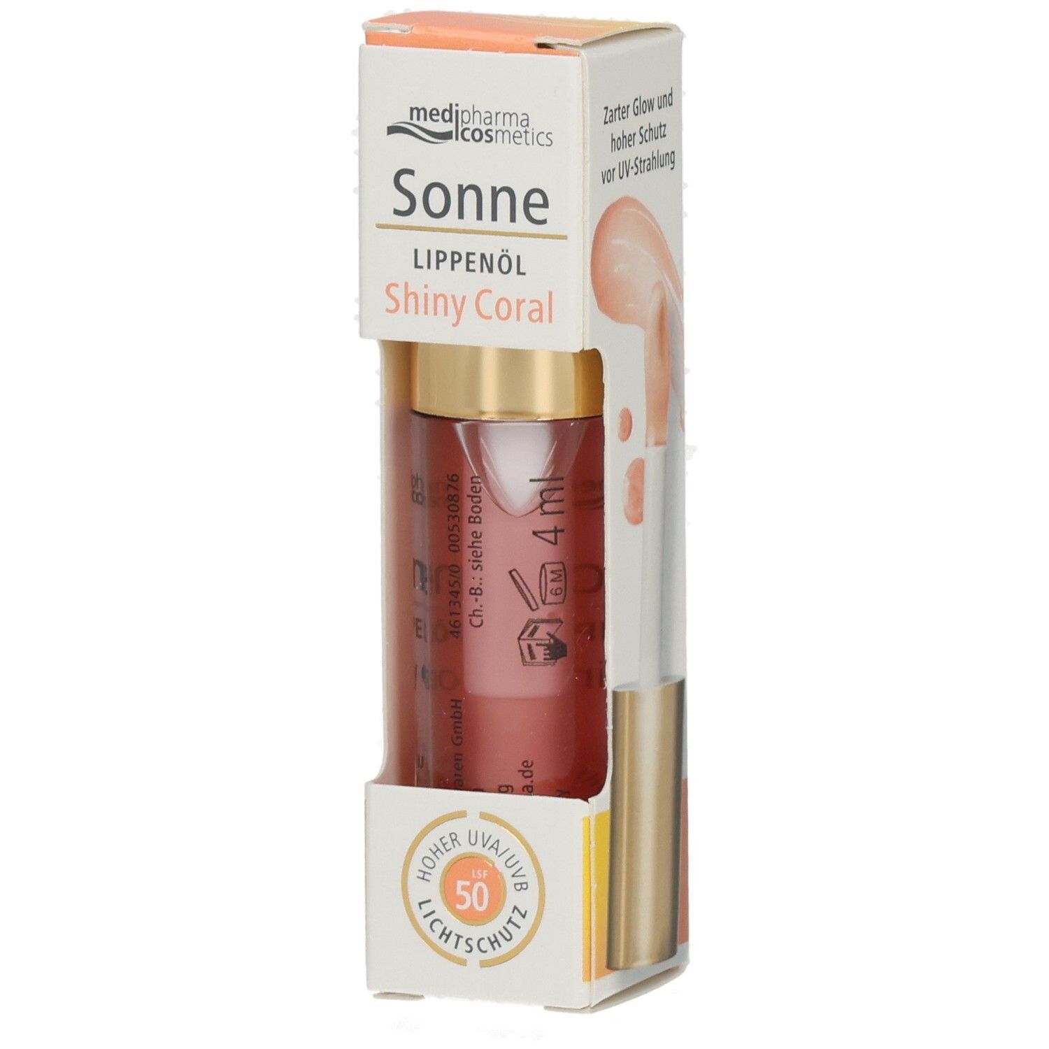 Medipharma Cosmetics Lippenöl Shiny Coral LSF 50 in Faltschachtel. Mit Applikator und 4ml Inhalt.