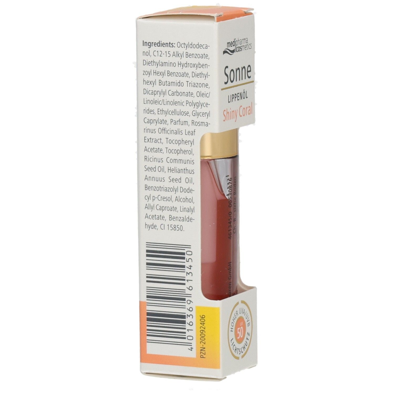 Rückseite der Faltschachtel mit Inhaltsstoffen und Barcode. Medipharma Cosmetics Lippenöl Shiny Coral LSF 50.
