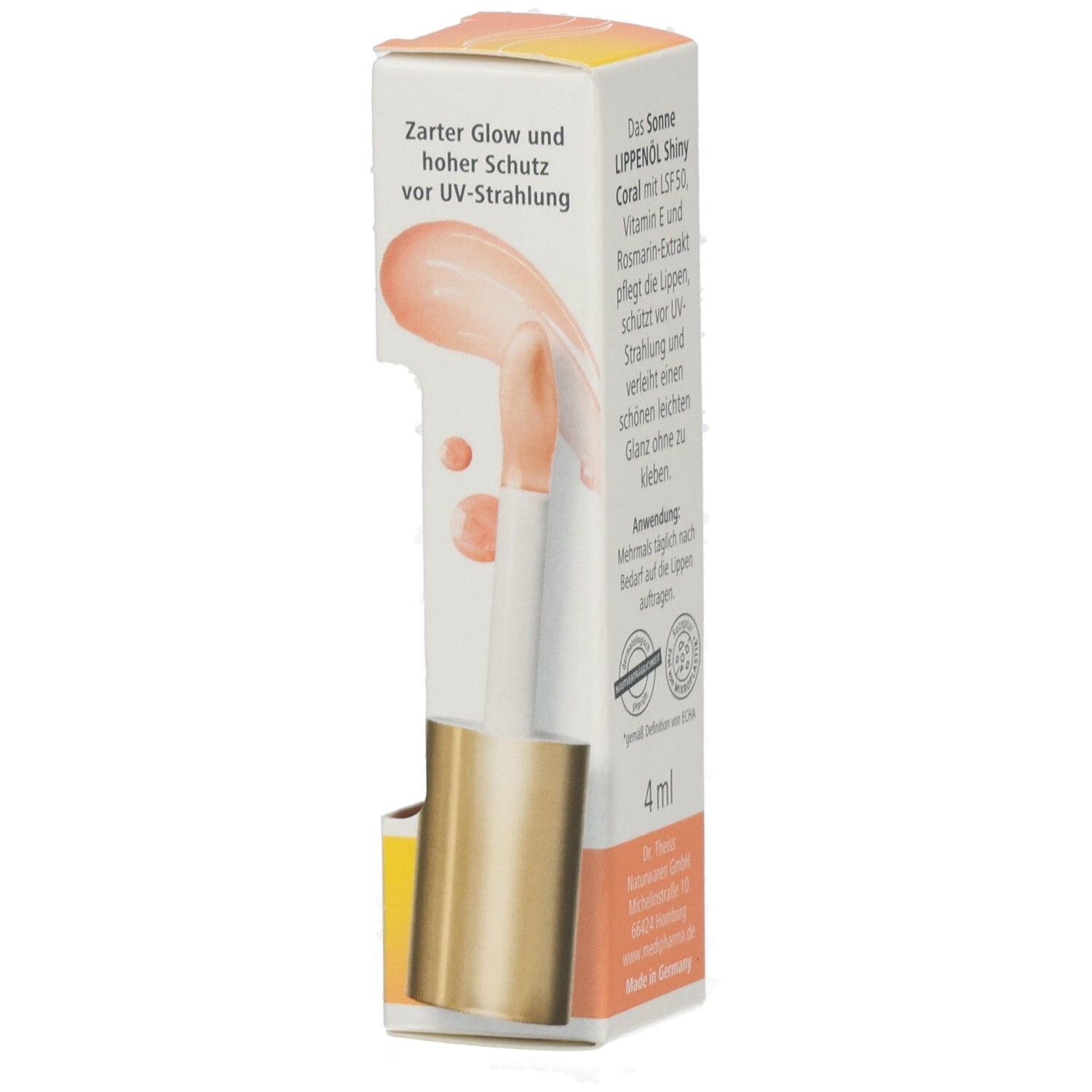 Vorderseite der Faltschachtel mit Darstellung des Lippenöls und UV-Schutz-Hinweis. Medipharma Cosmetics Shiny Coral.