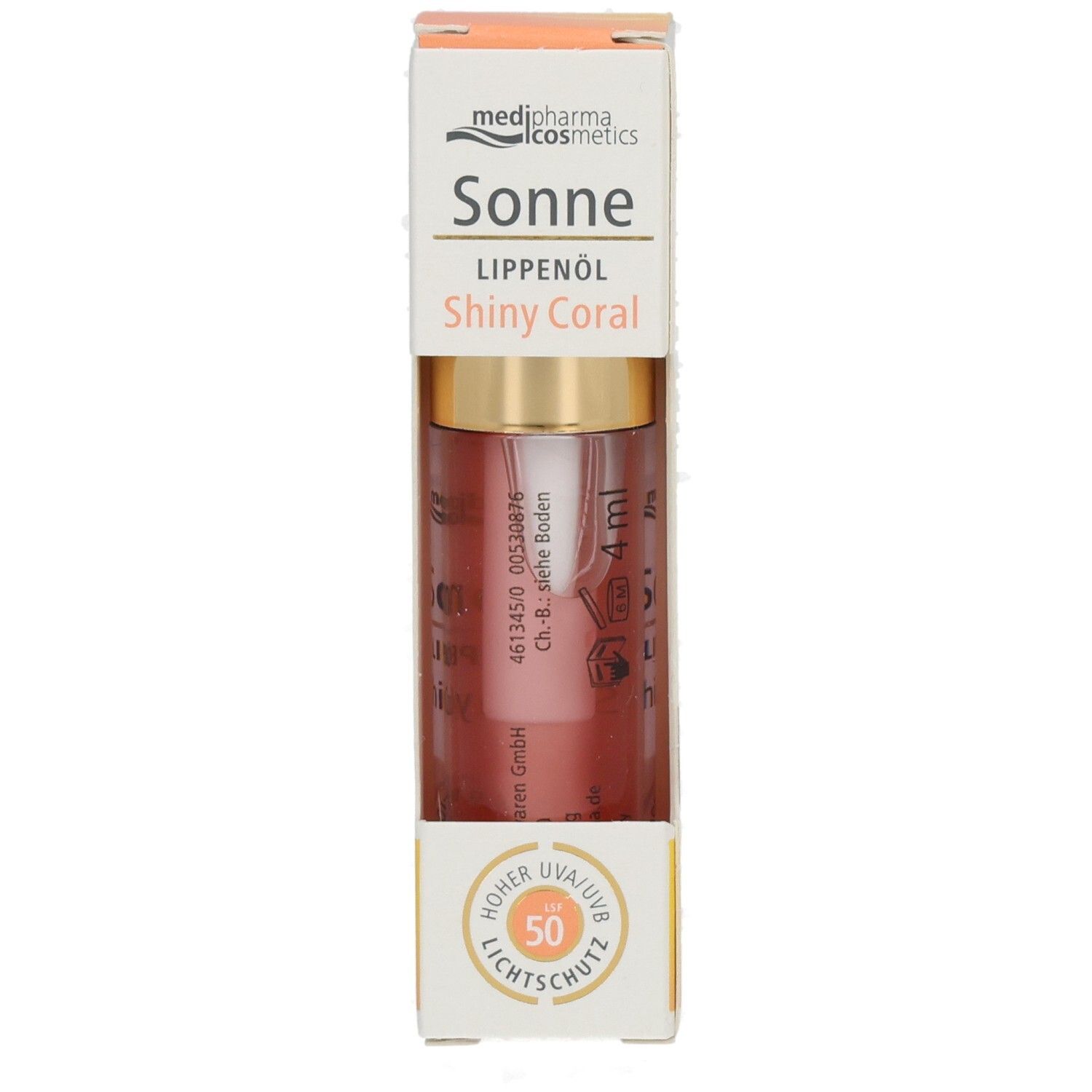 Medipharma Cosmetics Lippenöl Shiny Coral LSF 50 in Faltschachtel. Mit Applikator und 4ml Inhalt. Hoher UV-A/UVB-Schutz.