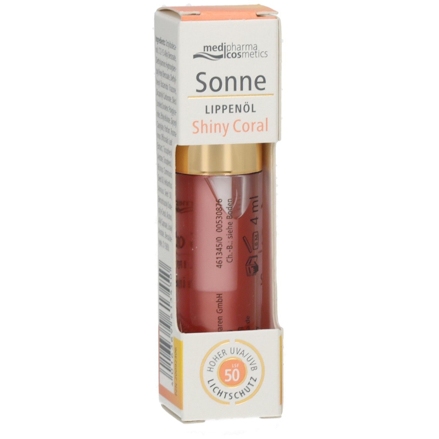 Medipharma Cosmetics Lippenöl Shiny Coral LSF 50 in Faltschachtel. Mit Applikator und 4ml Inhalt. Hoher UV-A/UVB-Schutz.