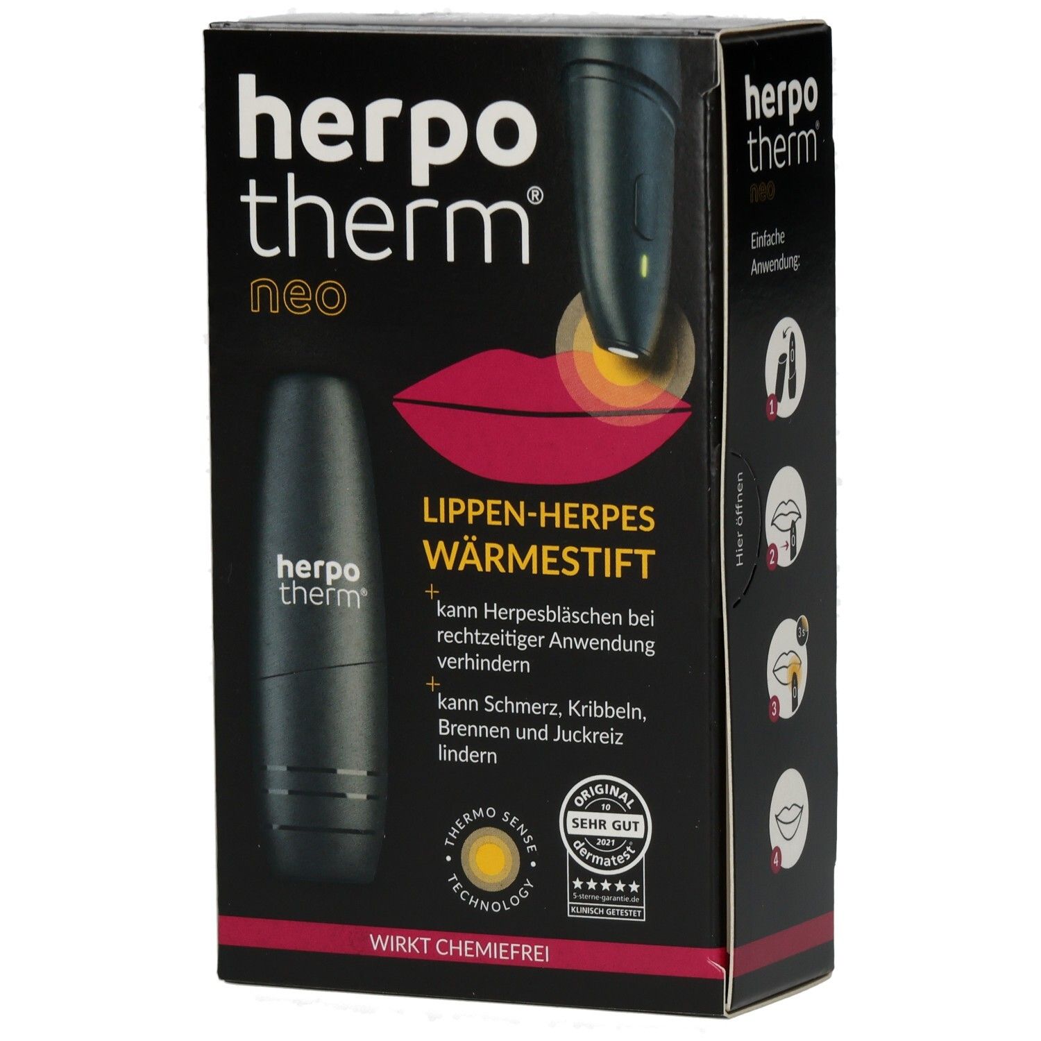 Schwarze Verpackung mit Produktabbildung und Schriftzug "herpotherm neo". Text: Lippen-Herpes Wärmestift.