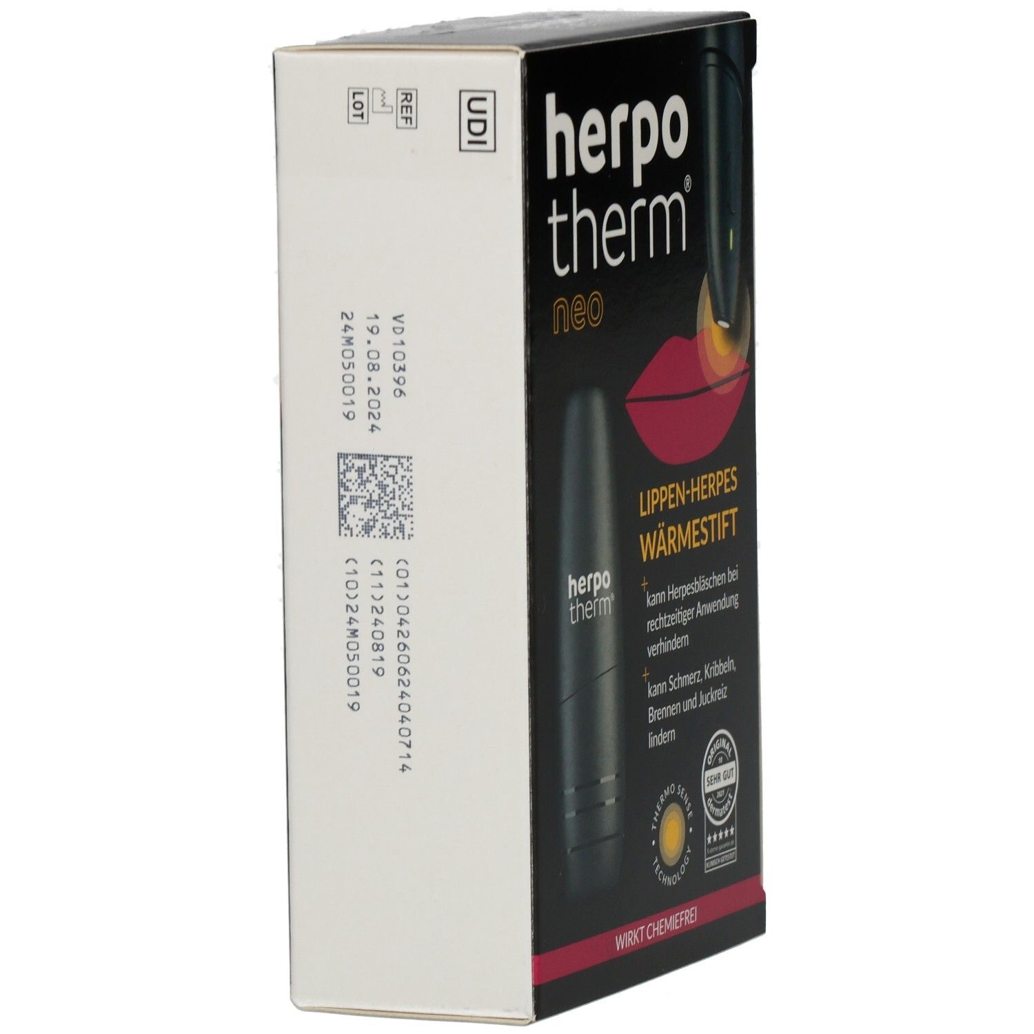 Verpackung von "herpotherm neo" mit Produktabbildung. Aufdrucke: REF, LOT, UDI-Code und weitere Informationen.