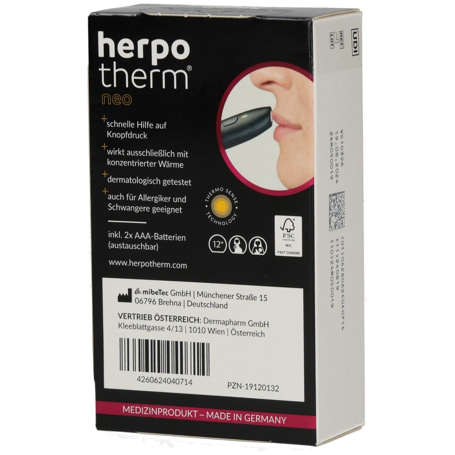 Rückseite der Verpackung von "herpotherm neo". Text: Schnelle Hilfe, dermatologisch getestet, für Allergiker geeignet.