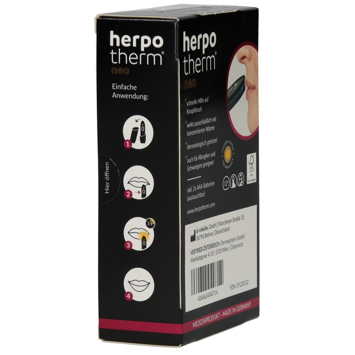 Verpackung von "herpotherm neo" mit Anwendungsbeispielen. Text: Einfache Anwendung.