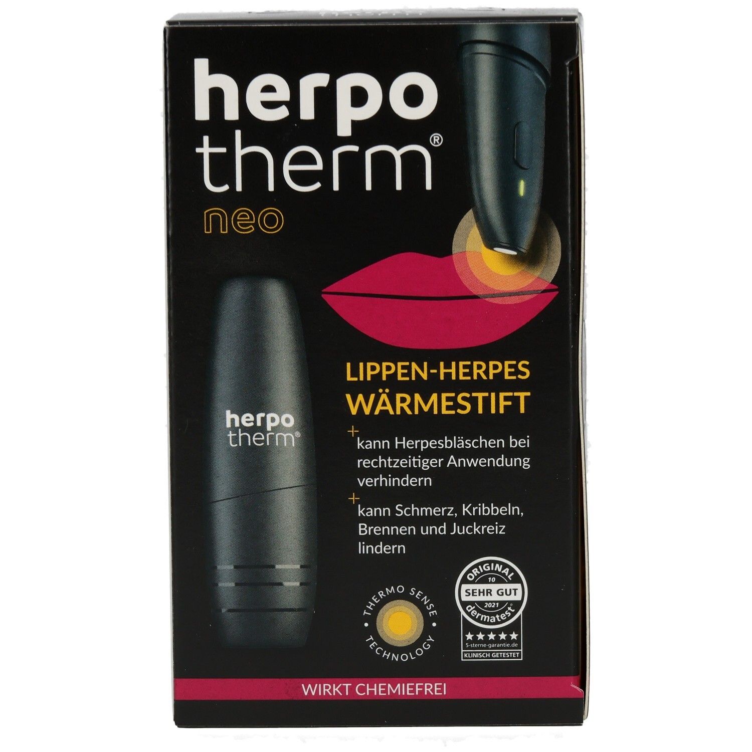 Schwarze Verpackung mit Produktabbildung und Schriftzug "herpotherm neo". Text: Lippen-Herpes Wärmestift.