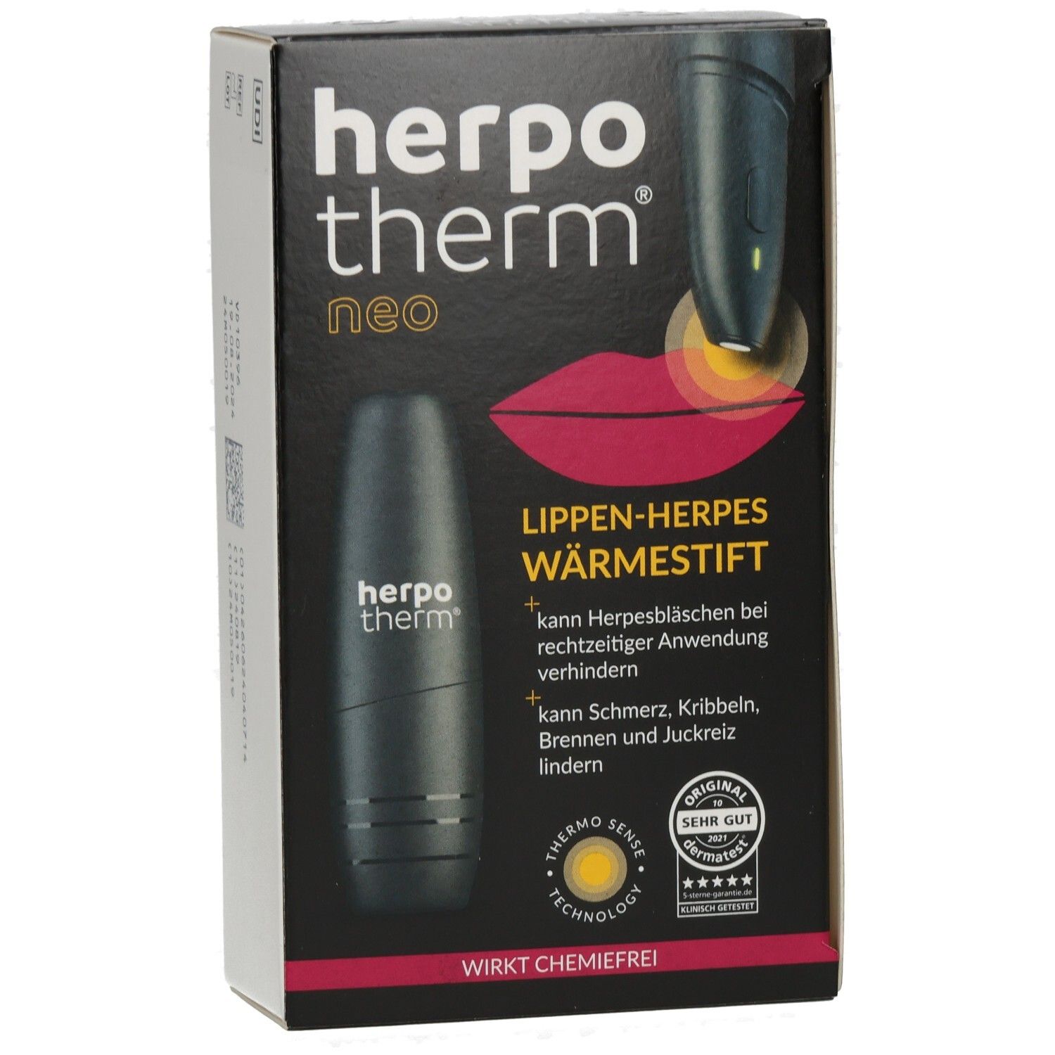 Verpackung von "herpotherm neo" mit Produktabbildung und Text. Enthält ein Qualitätssiegel.