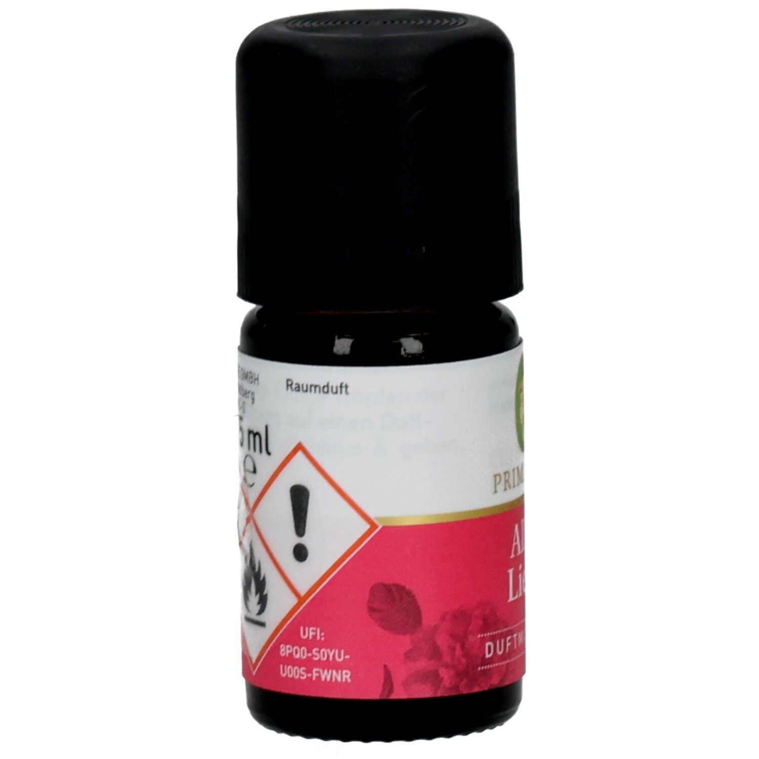 Fläschchen mit schwarzem Deckel. Etikett mit Warnsymbolen und Text: Raumduft, 5 ml.