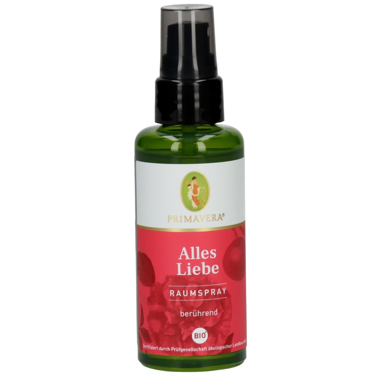 Grüne Glasflasche mit schwarzem Sprühkopf. Rotes Etikett mit Text: Alles Liebe, Raum-Spray, berührend. Primavera Logo und Bio-Siegel.