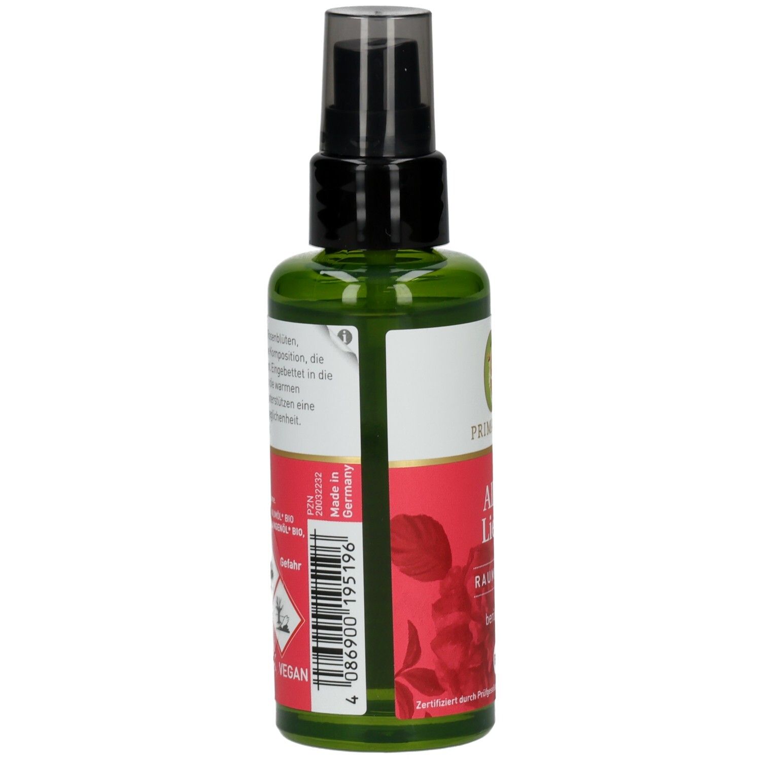 Grüne Glasflasche mit schwarzem Sprühkopf. Rückseite mit Etikett, Text und Piktogrammen. Vegan-Siegel und Made in Germany.
