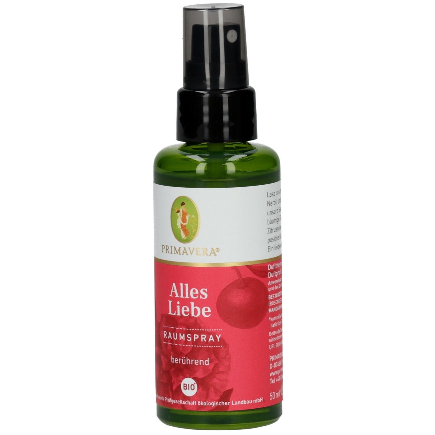 Grüne Glasflasche mit schwarzem Sprühkopf. Rotes Etikett mit Text: Alles Liebe, Raum-Spray, berührend. Primavera Logo und Bio-Siegel. 50 ml.