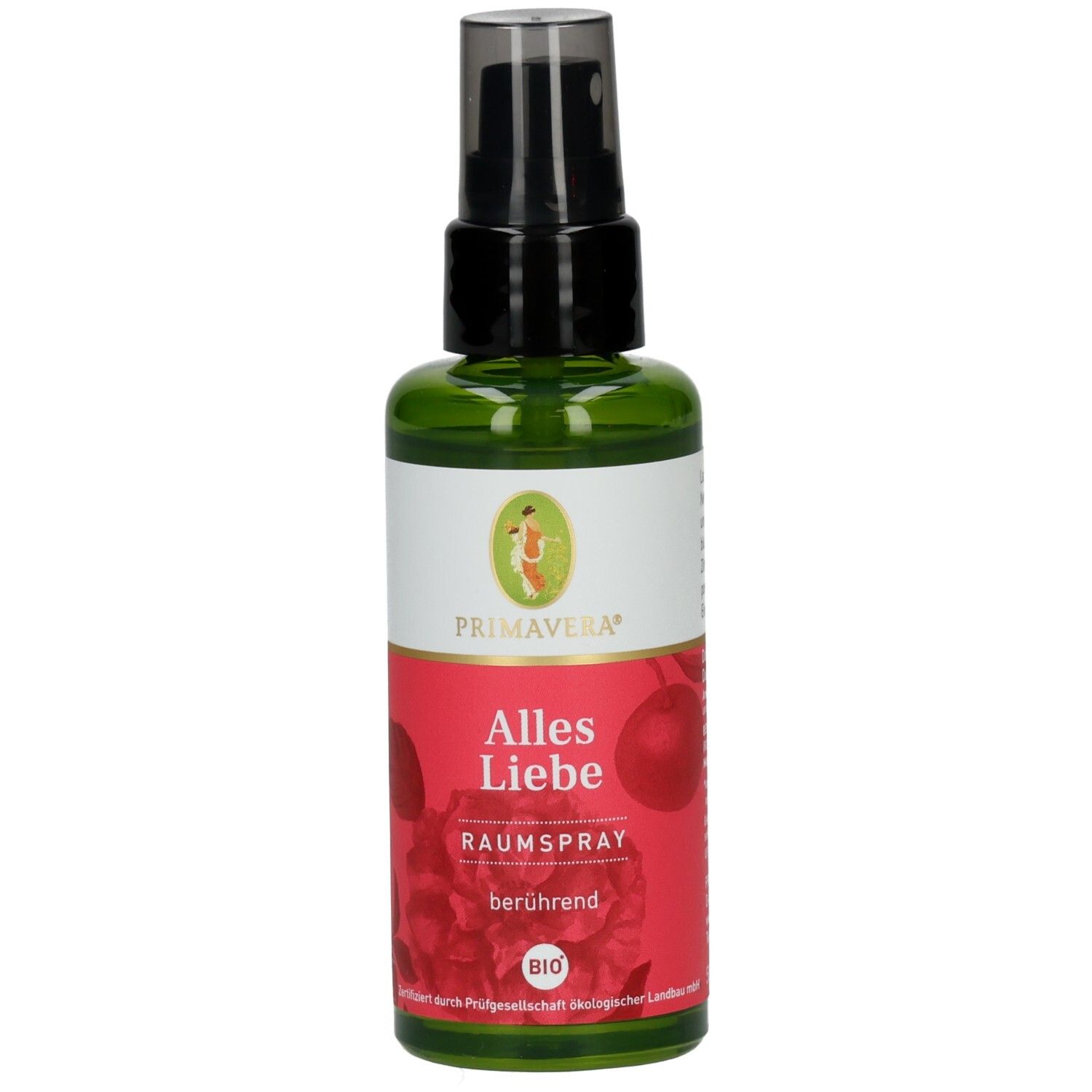 Grüne Glasflasche mit schwarzem Sprühkopf. Rotes Etikett mit Text: Alles Liebe, Raum-Spray, berührend. Primavera Logo und Bio-Siegel.